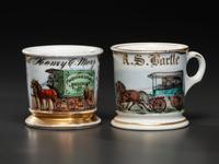 Two Porcelain Occupational Shaving Mugs with Horse-Drawn Wagons