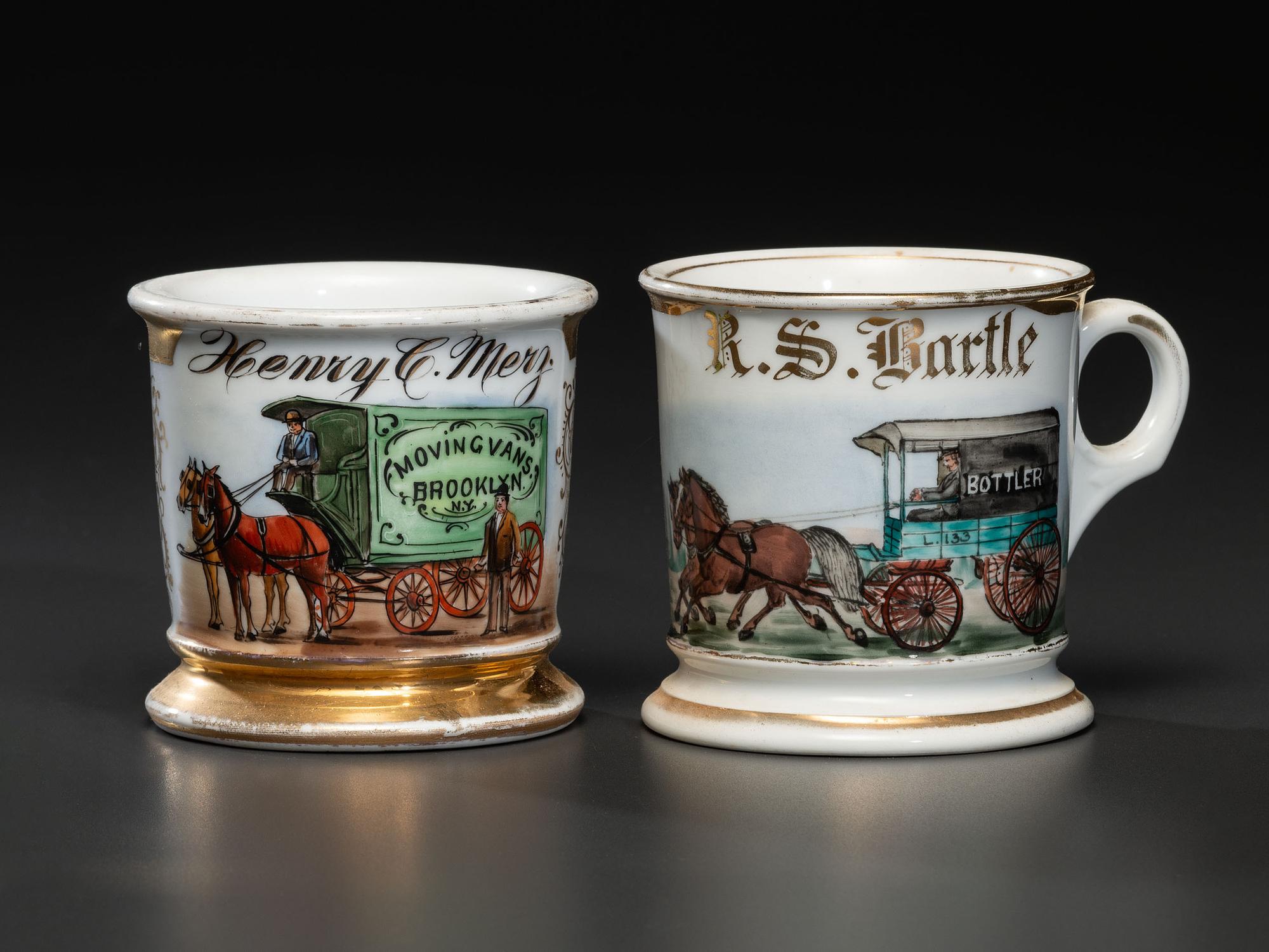 Two Porcelain Occupational Shaving Mugs with Horse-Drawn Wagons