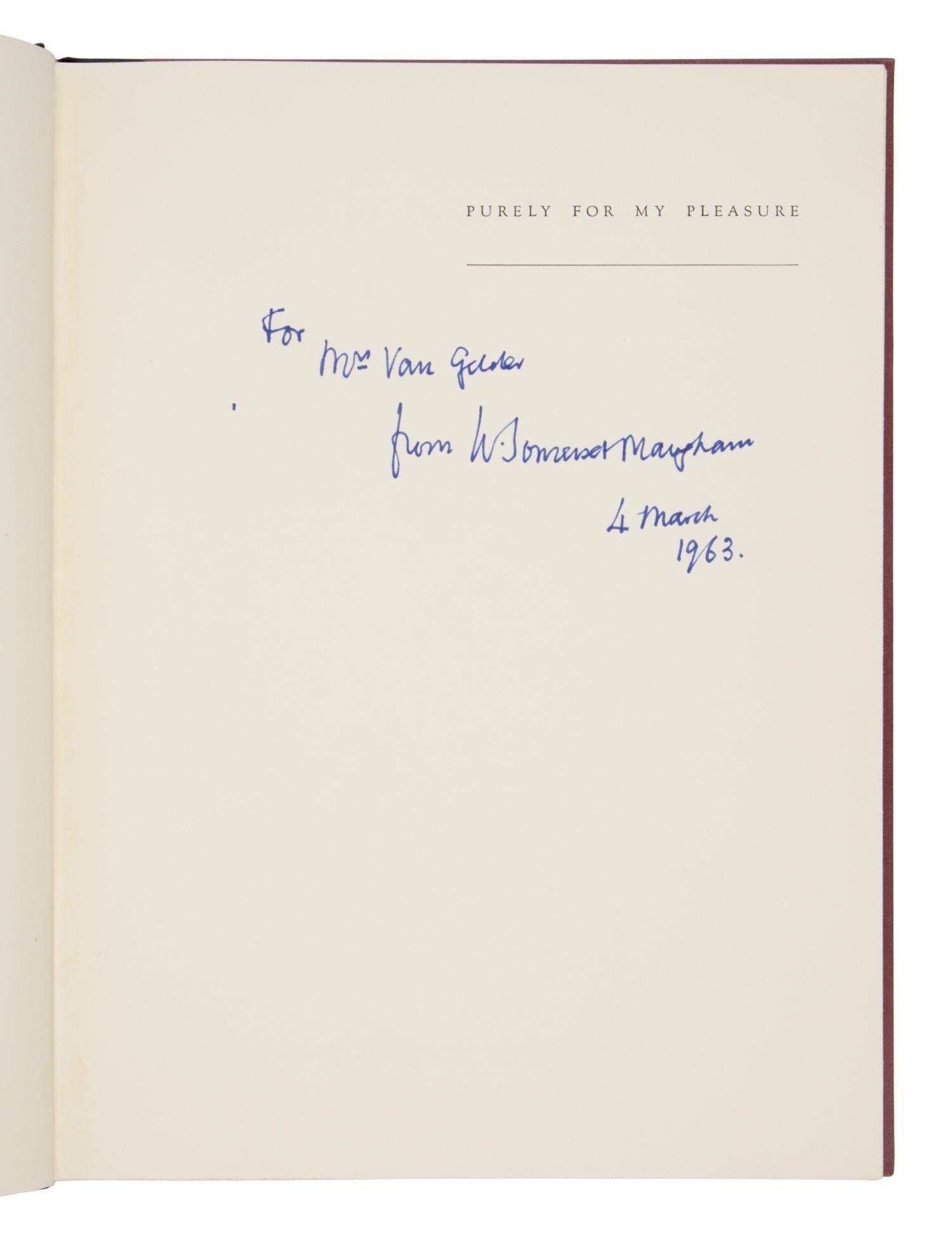 Maugham, W. Somerset (1874-1965). Purely for My Pleasure . Garden City, NY: Doubleday & Company, 1963.