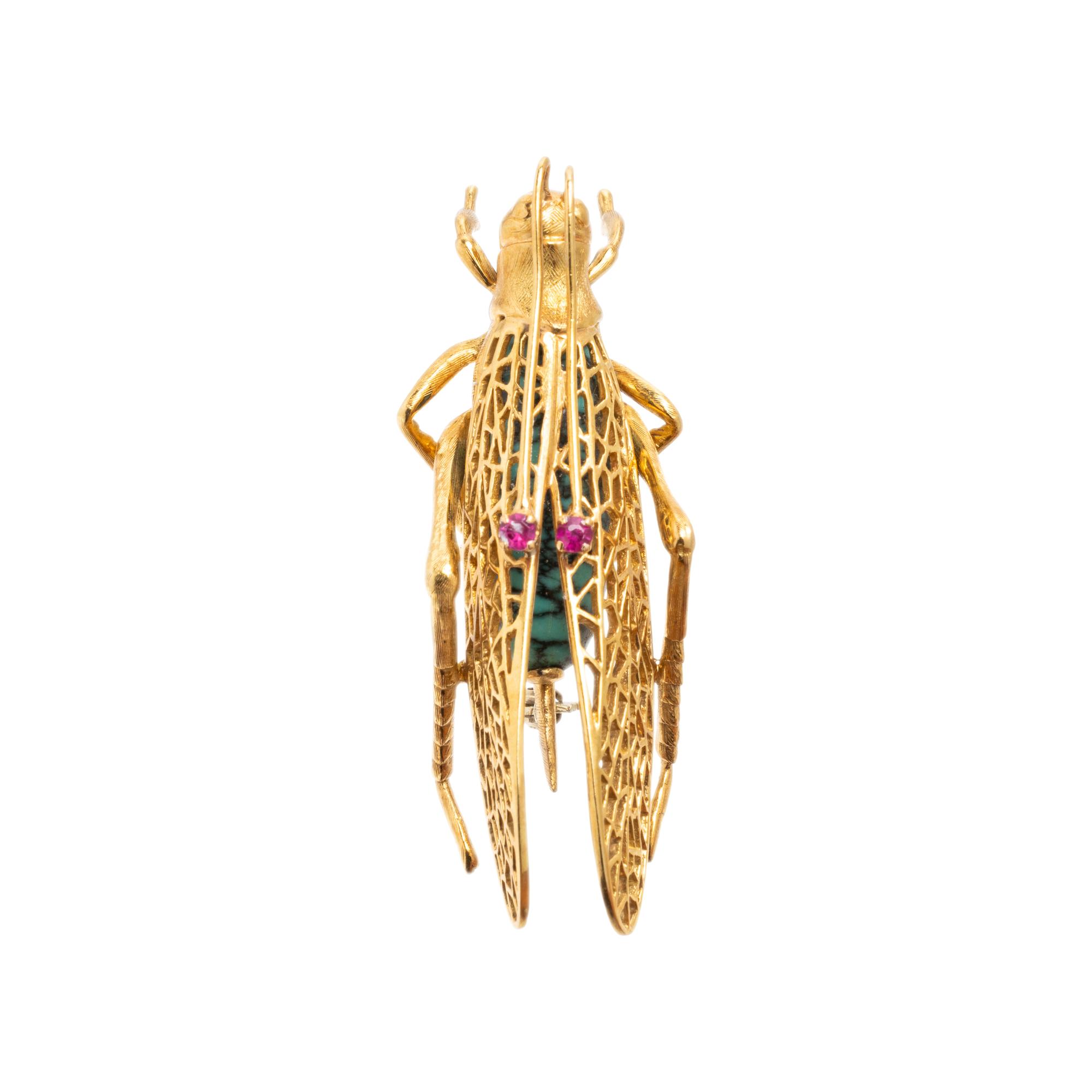 Yellow Gold and Turquoise Grasshopper Brooch