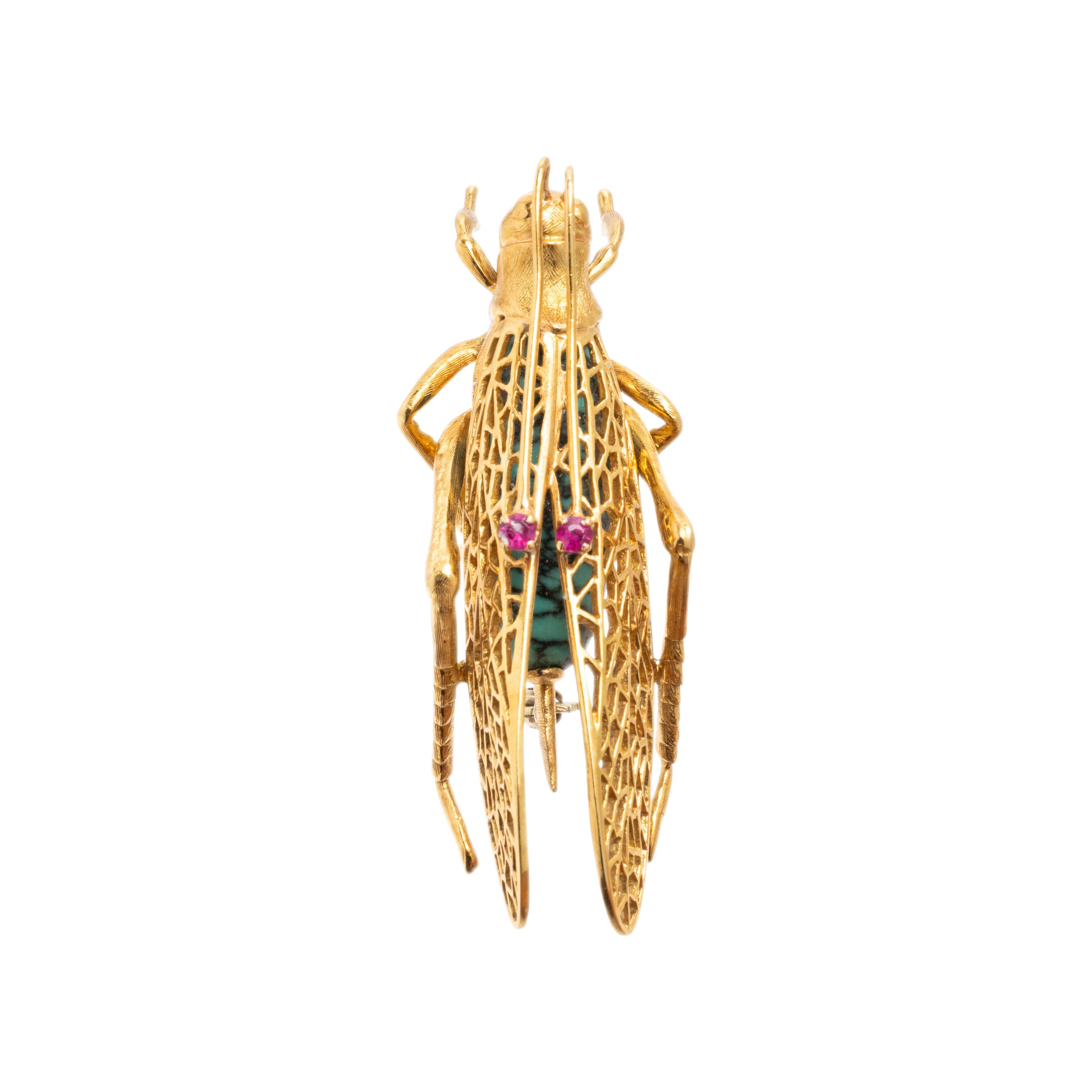 Yellow Gold and Turquoise Grasshopper Brooch