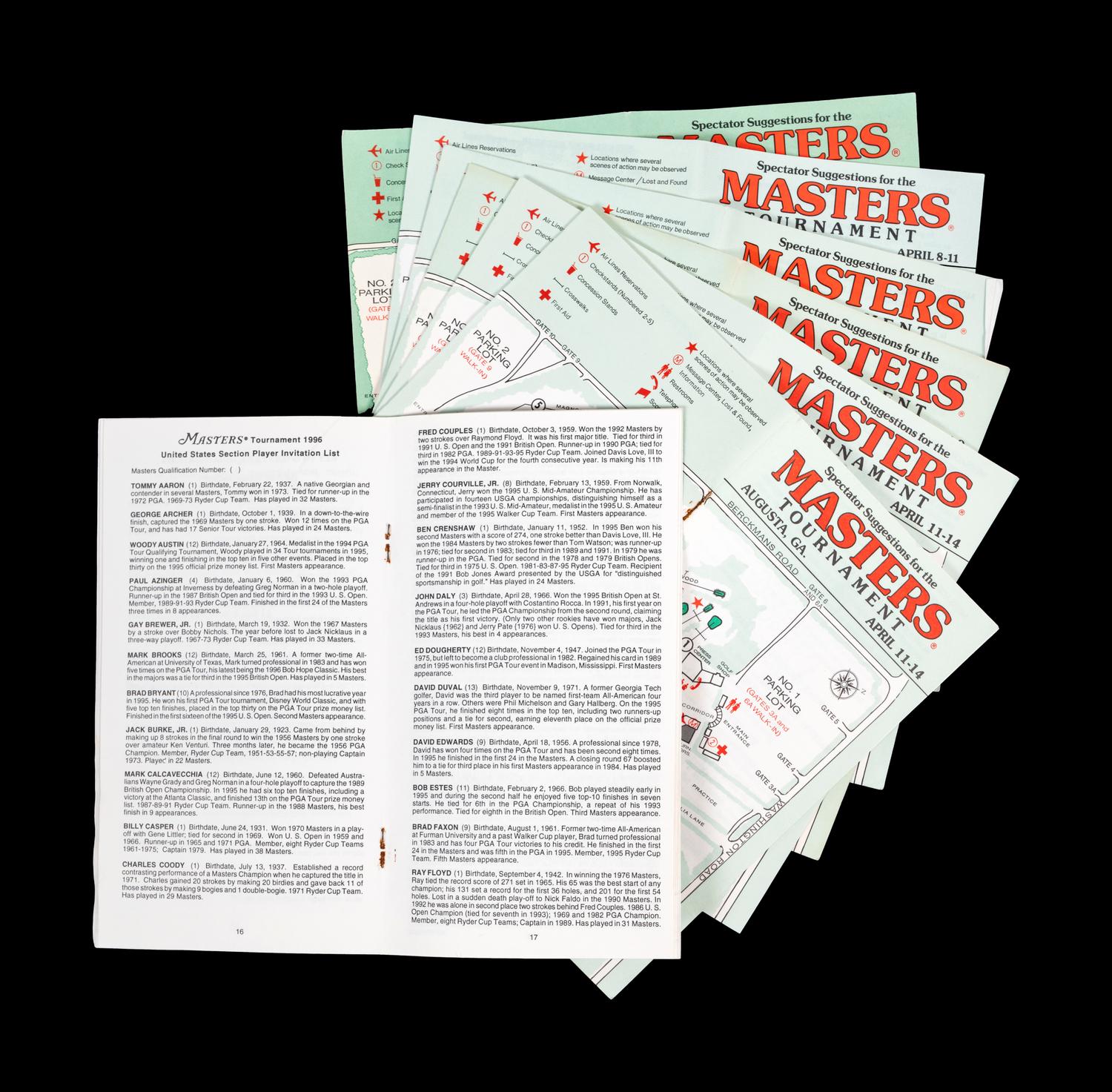 A Group of Masters Golf Tournament Augusta National Spectator Guides and Pairing Sheets Including Tiger Woods' First Appearance,