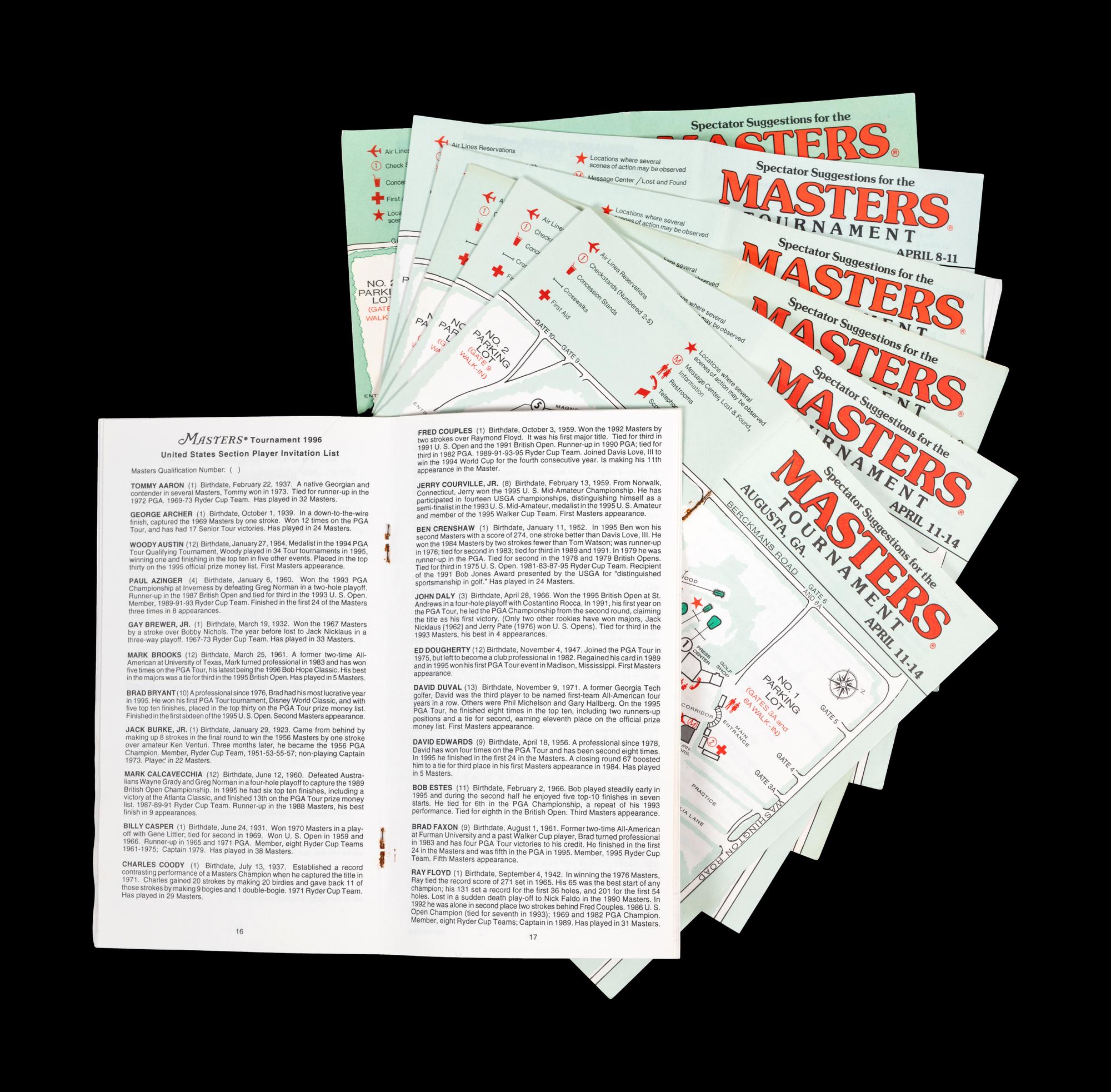 A Group of Masters Golf Tournament Augusta National Spectator Guides and Pairing Sheets Including Tiger Woods' First Appearance,