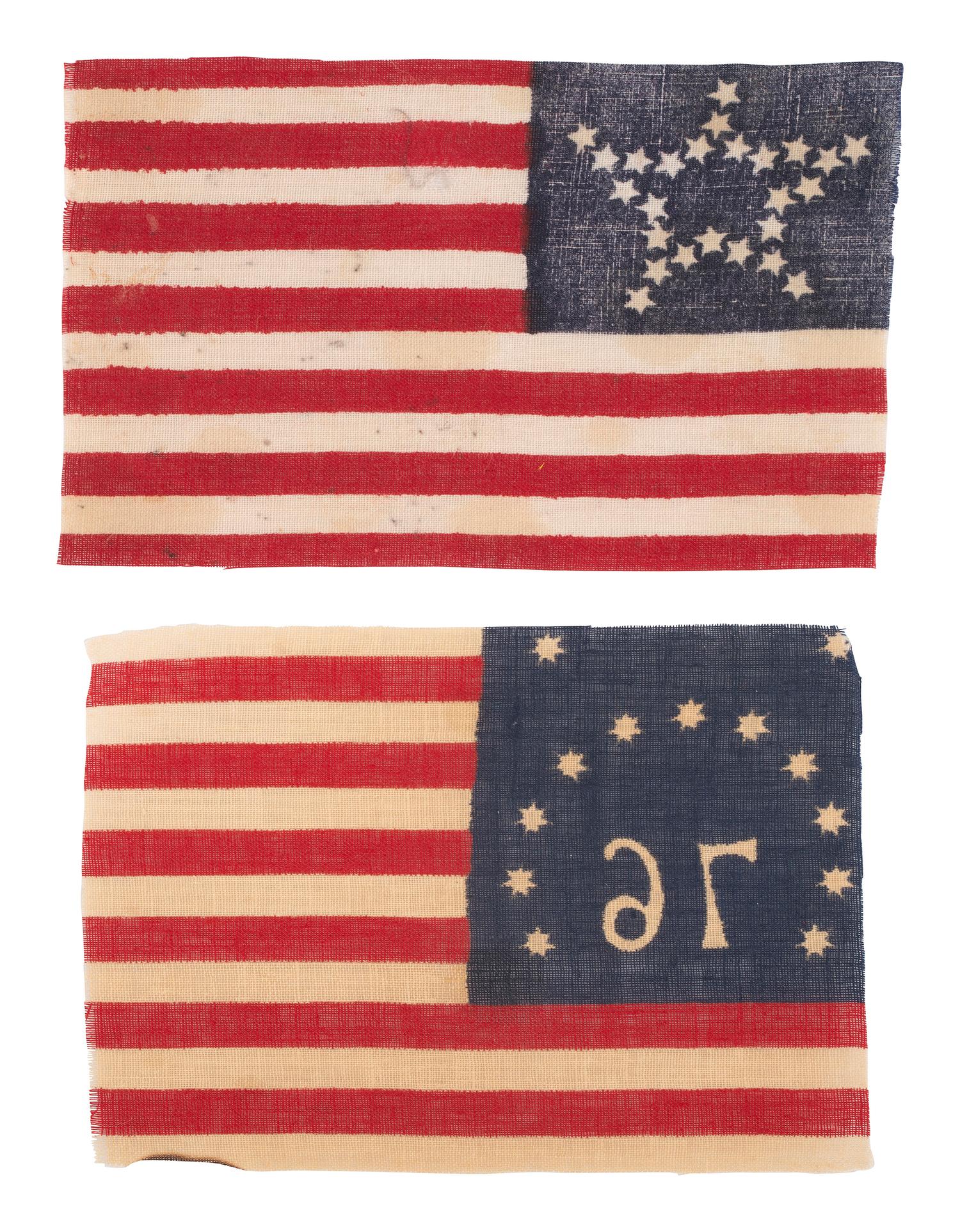 [FLAGS]. Two American parade flags, incl. 25-star and Bennington "76" flags.