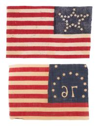 [FLAGS]. Two American parade flags, incl. 25-star and Bennington "76" flags.