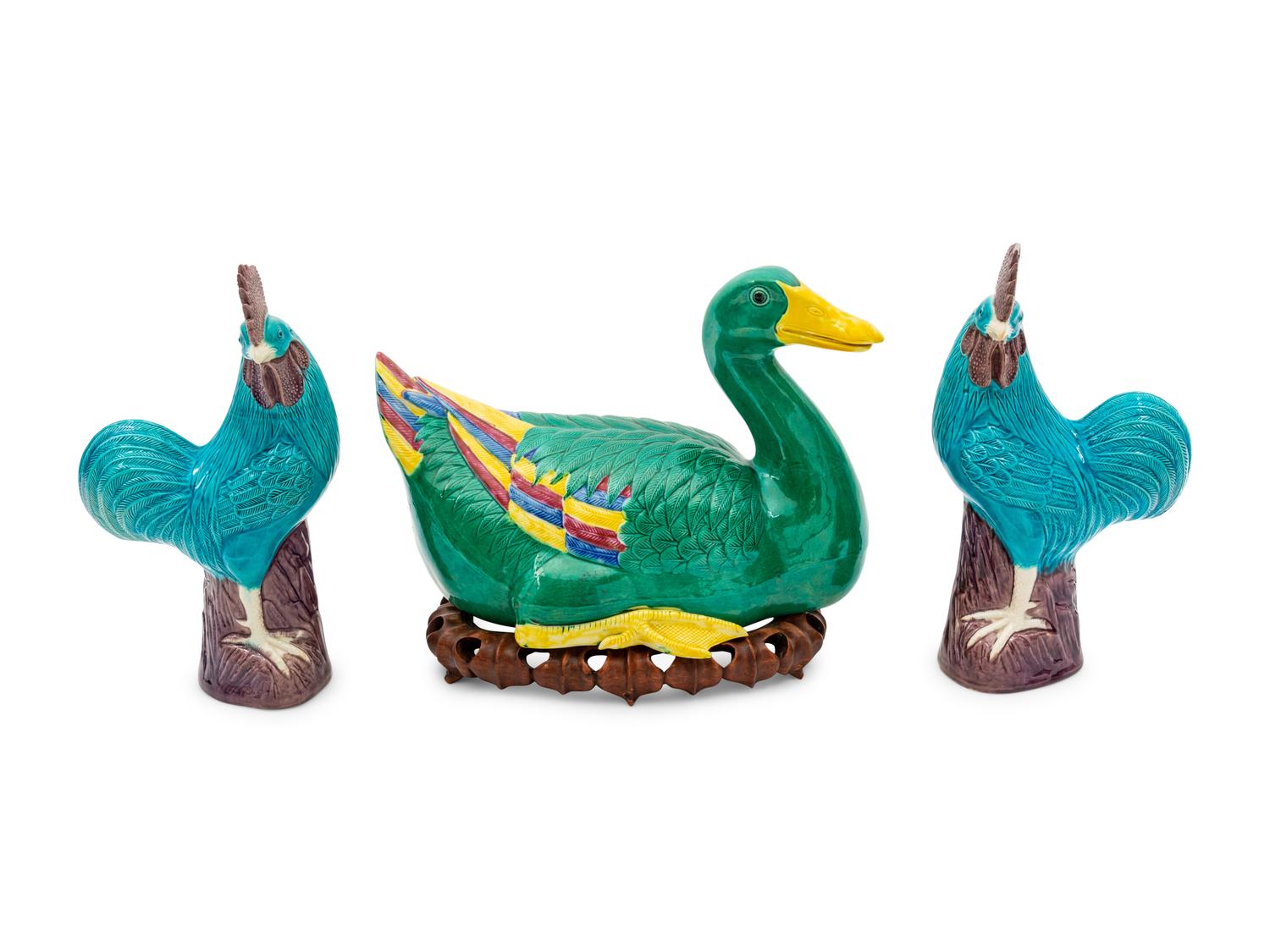 A Group of Chinese Porcelain Roosters and a Duck