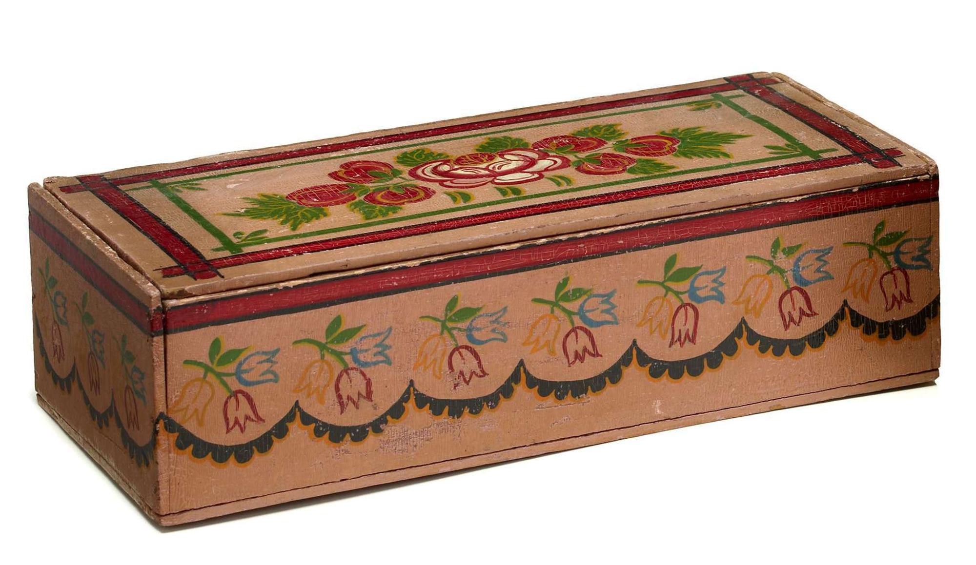 Amish painted and stencil-decorated trinket box attributed to mary lapp, dated 1930