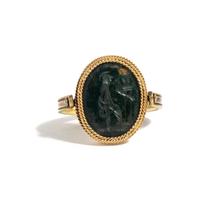 Two Roman Agate Ring Stones with the Demigod Achilles Before the Ashes of Patroclus and the God Eros — Set in a gold swivel ring