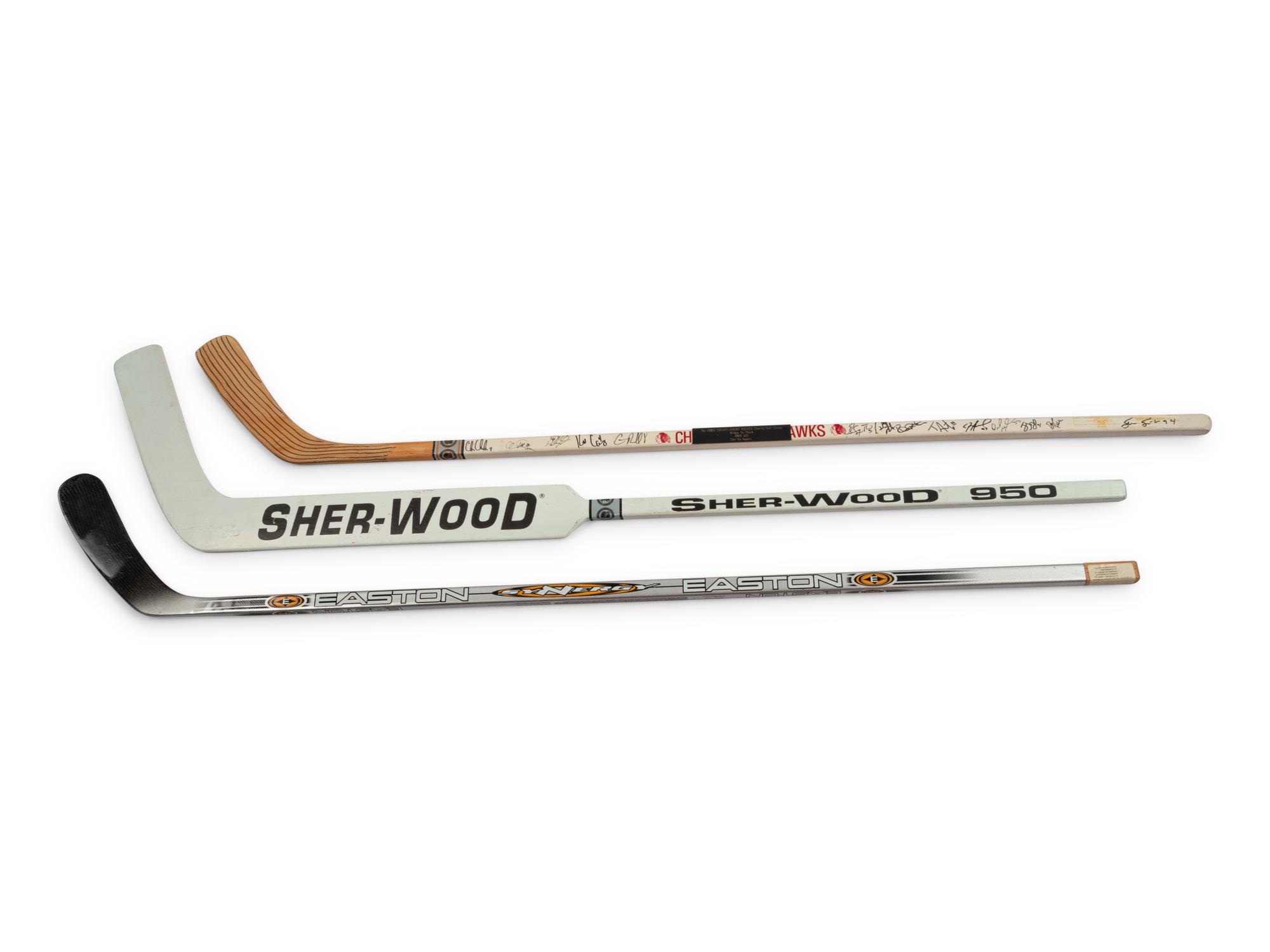 A Group of Chris Chelios Charity Golf Outing Multi Signed Autograph Hockey Sticks