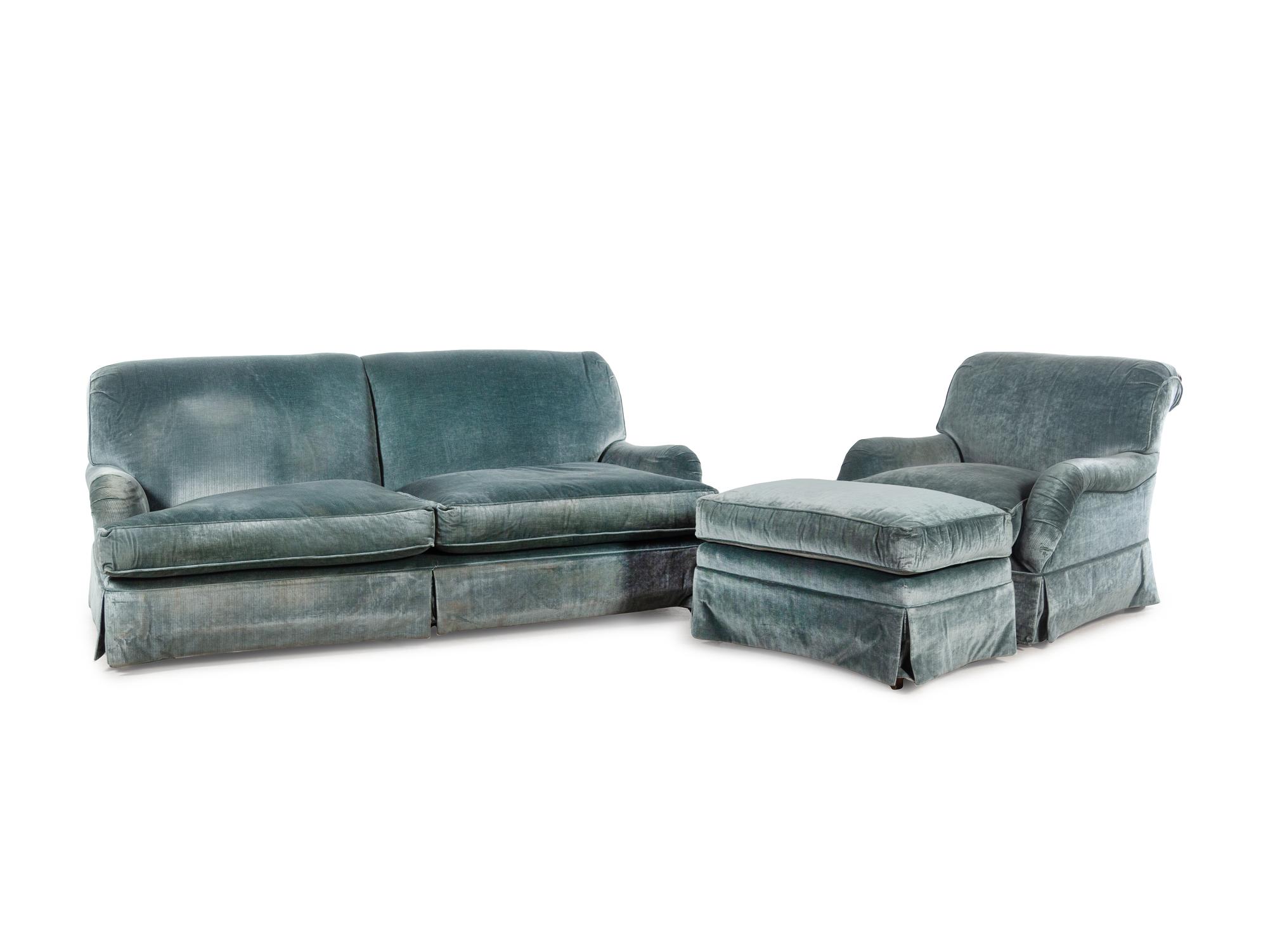 A Velvet-Upholstered Bridgewater Style Two-Seat Sofa, Easy Chair and Ottoman