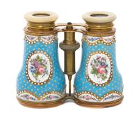 A Pair of French Enameled and Mother-of-Pearl Inset Opera Glasses, Width 4 3/4 inches.