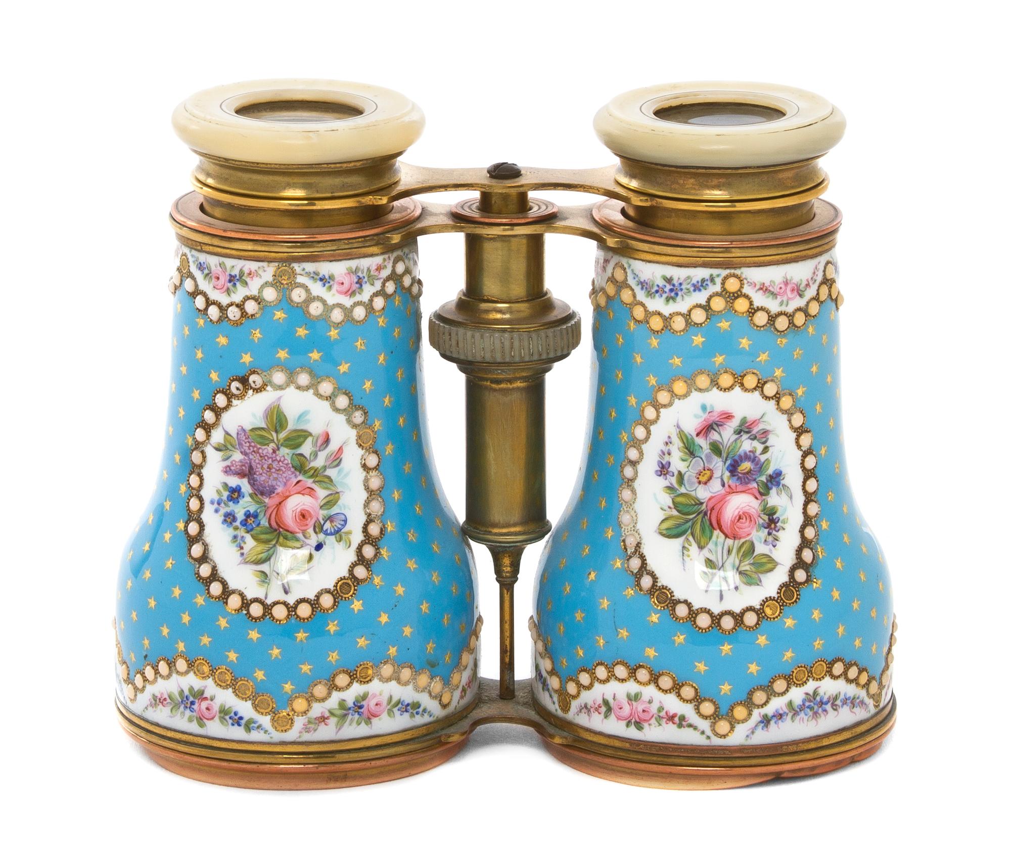 A Pair of French Enameled and Mother-of-Pearl Inset Opera Glasses, Width 4 3/4 inches.