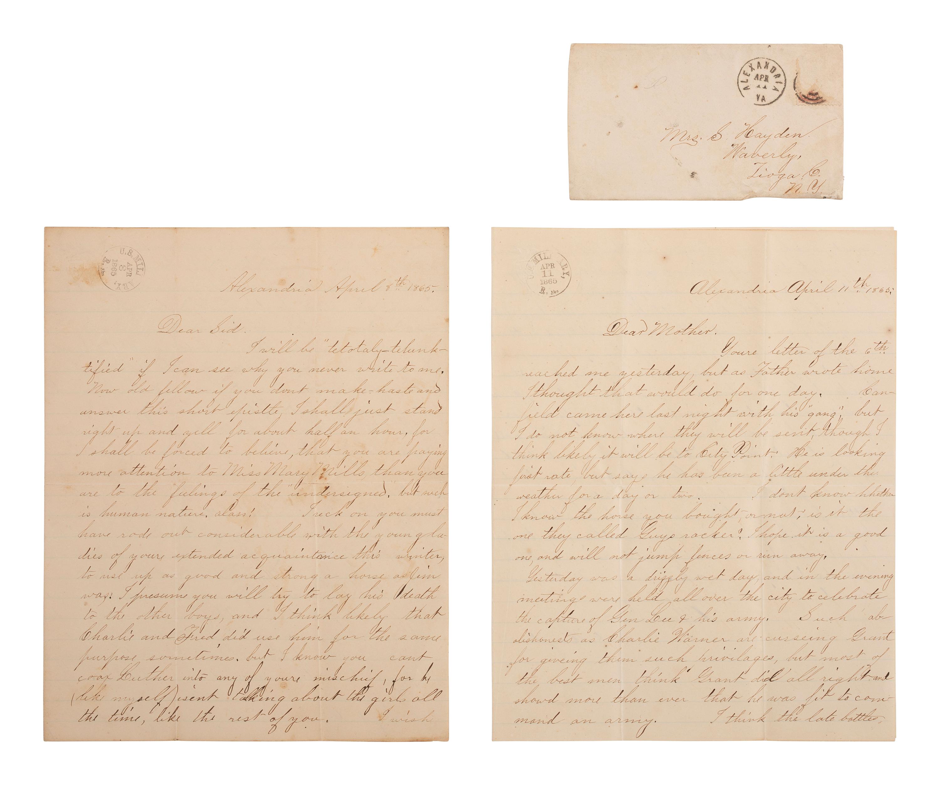 [CIVIL WAR]. War-date letters of Sidney Humphrey Hayden (1813-1890) and Albert "Bert" Hayden (1844-1918), an employee of the United States Military Railroad office in Alexandria, Virginia.