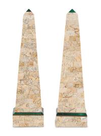 A Pair of Marble and Malachite Veneered Obelisks