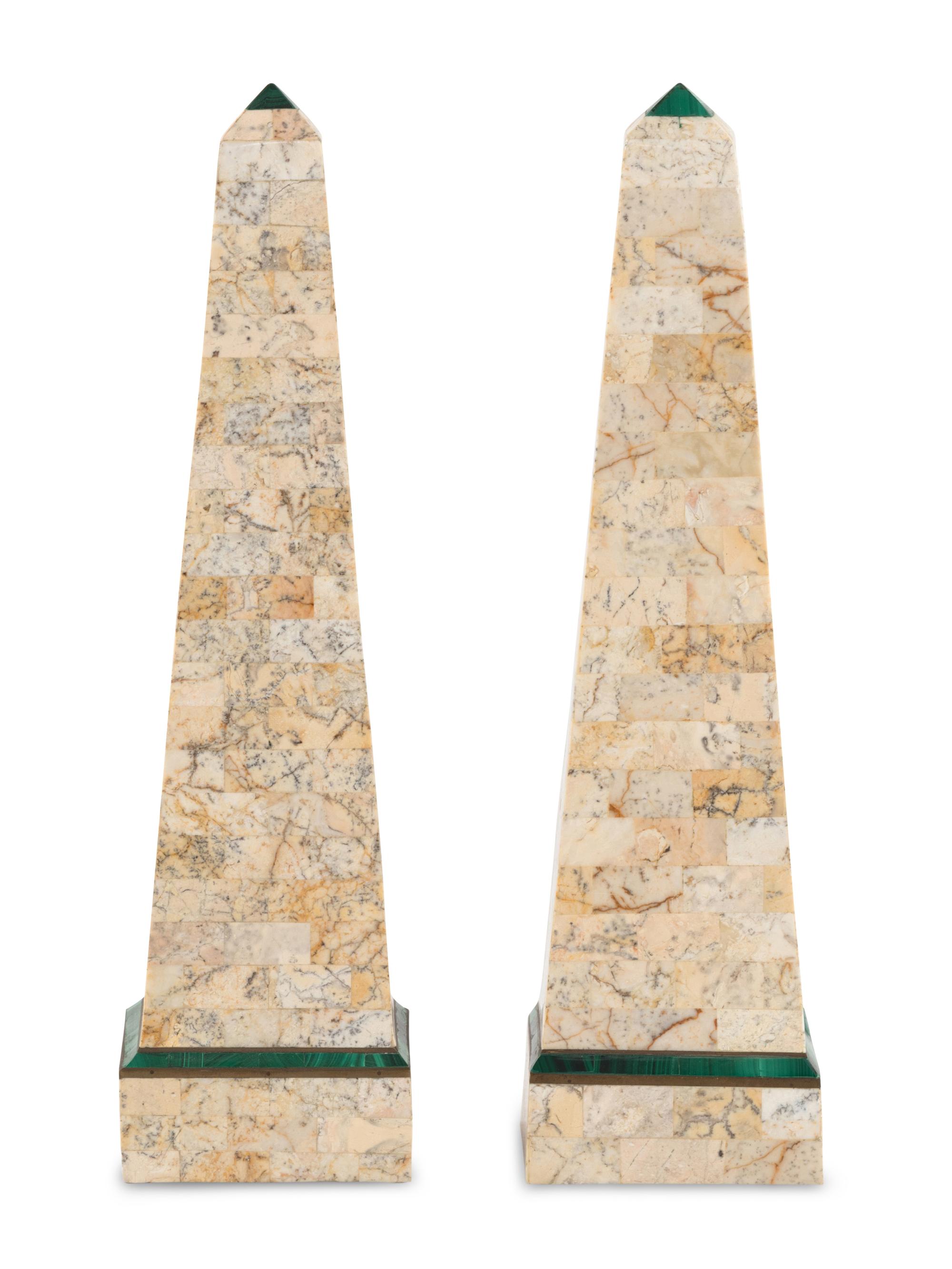 A Pair of Marble and Malachite Veneered Obelisks