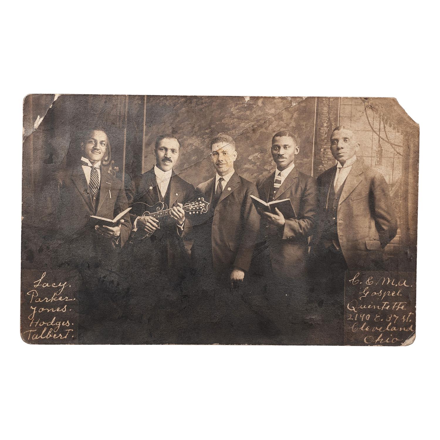 [EARLY PHOTOGRAPHY - MUSIC]. A collection of 60+ photographs of gospel, military, and marching bands and other musical groups, including:
