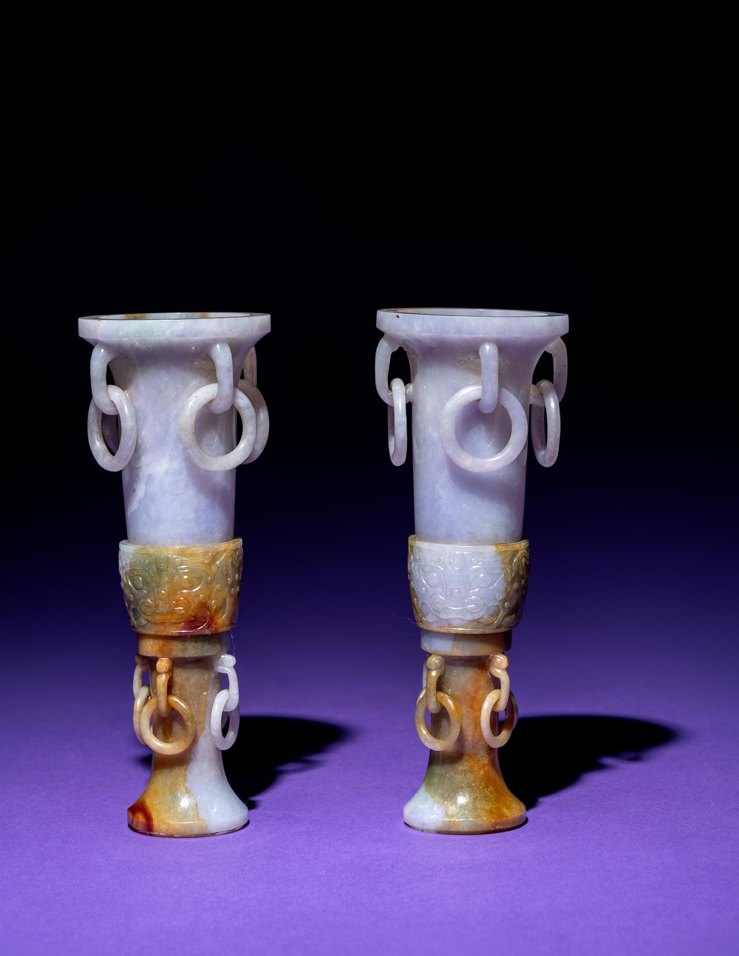 A Pair of Chinese Lavender and Russet Jadeite Gu Vases