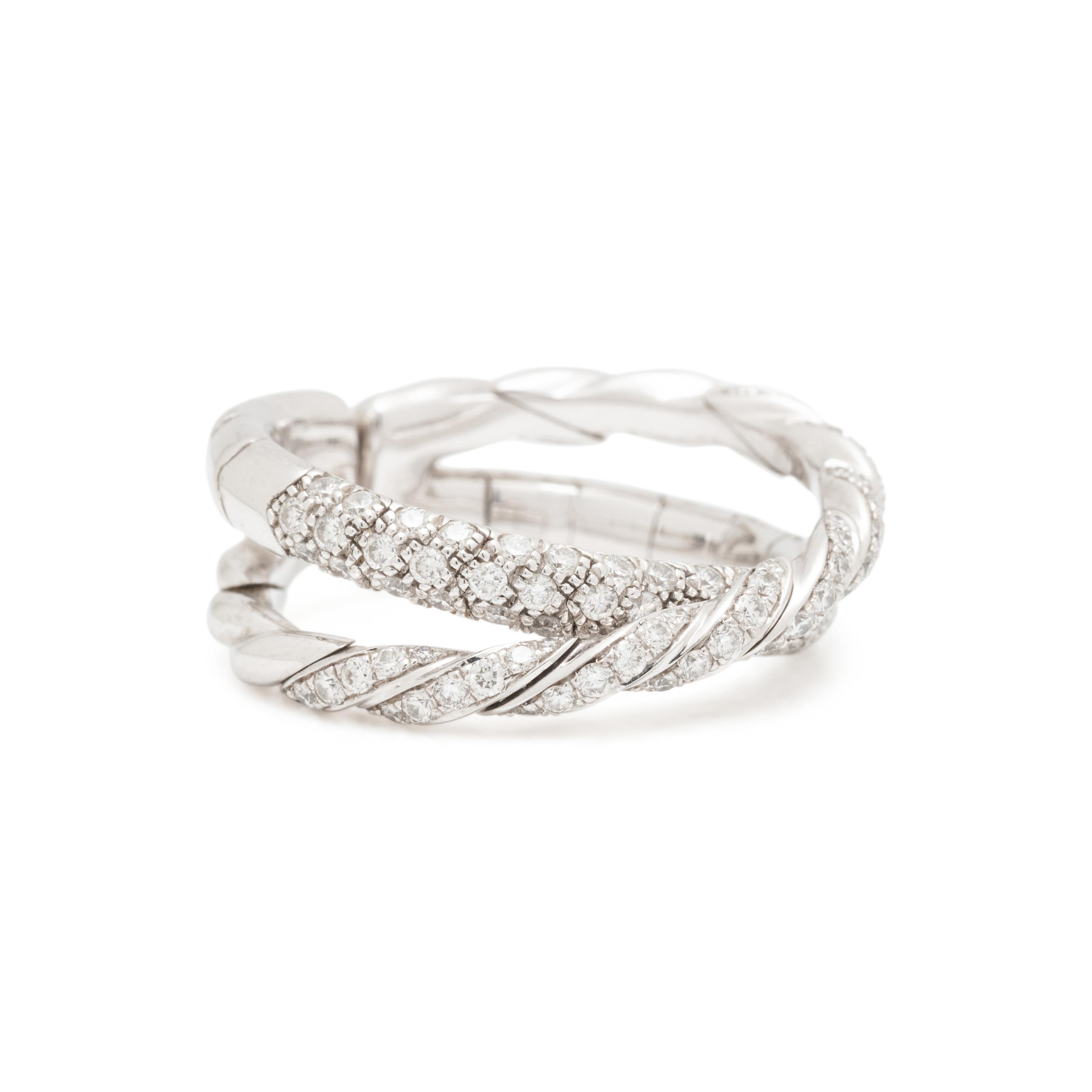 DAVID YURMAN, WHITE GOLD AND DIAMOND 'SCULPTED CABLE FLEX TWO ROW' RING