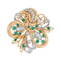 FRENCH, DIAMOND AND EMERALD BROOCH