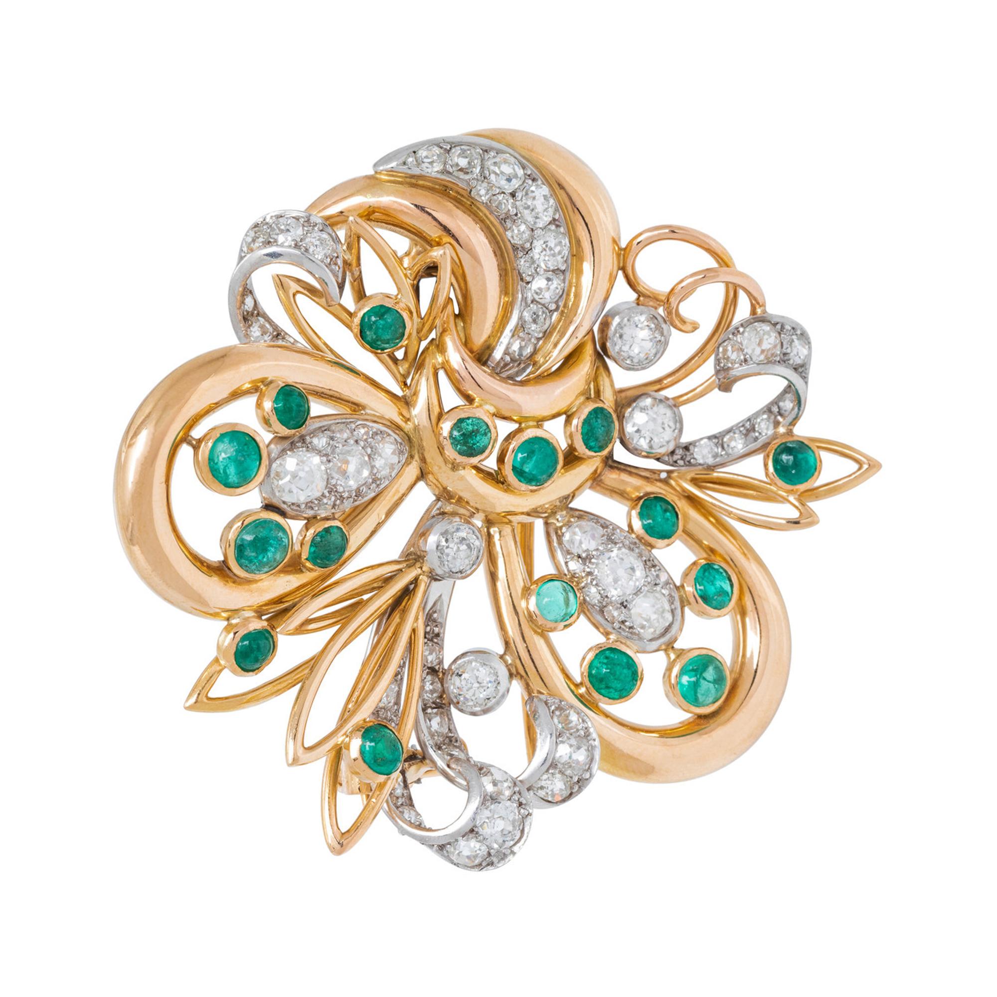 FRENCH, DIAMOND AND EMERALD BROOCH
