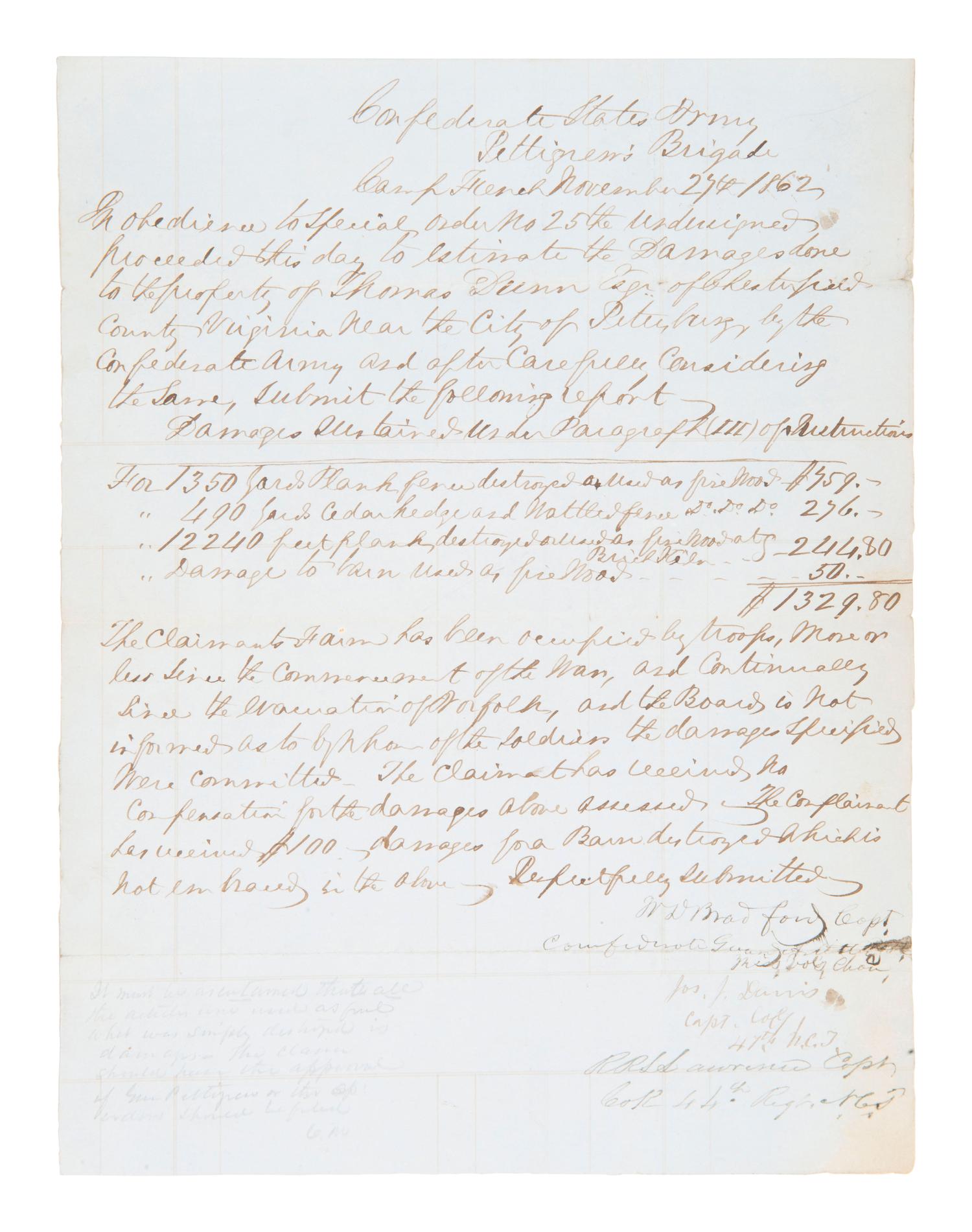 [CIVIL WAR] CSA doc sgn'd by capt. of brigade that went farthest into enemy line at Pickett's Charge