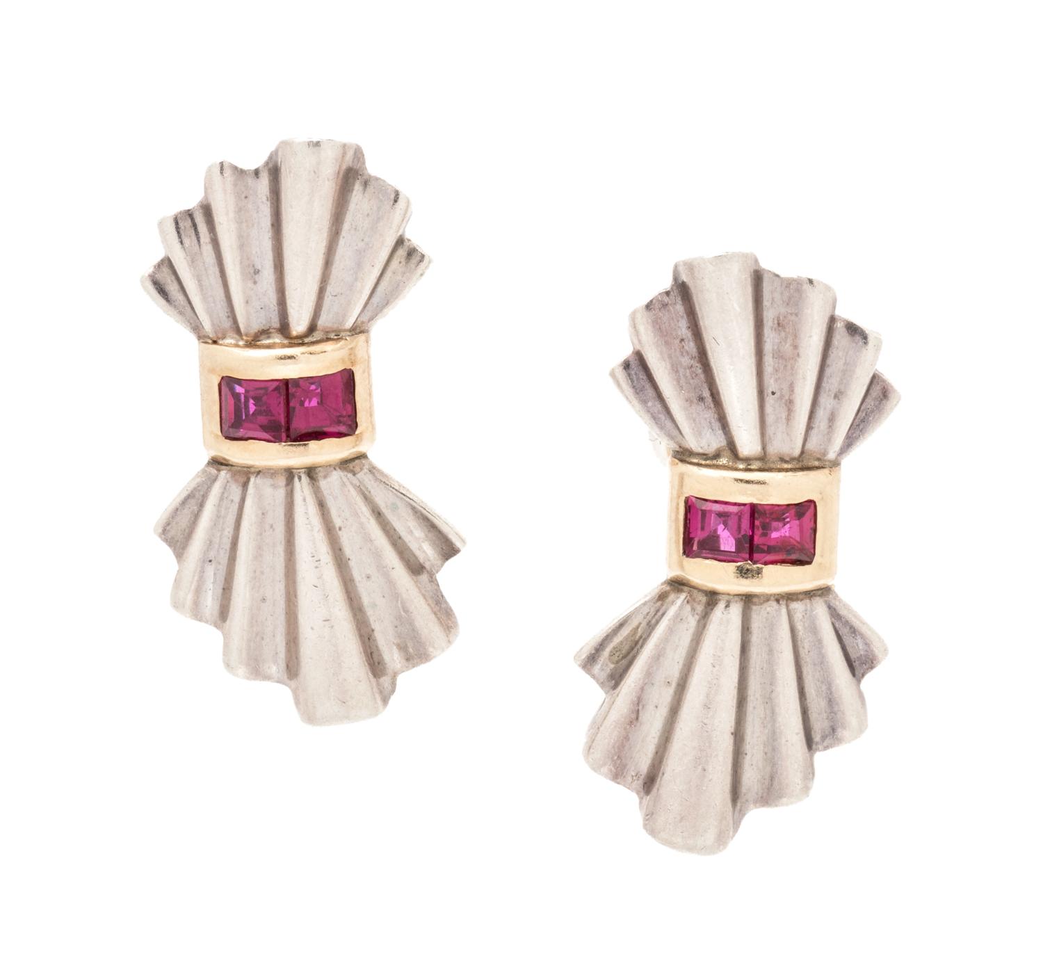 A Pair of Sterling Silver, 14 Karat Yellow Gold and Ruby Earclips, Tiffany & Co.,