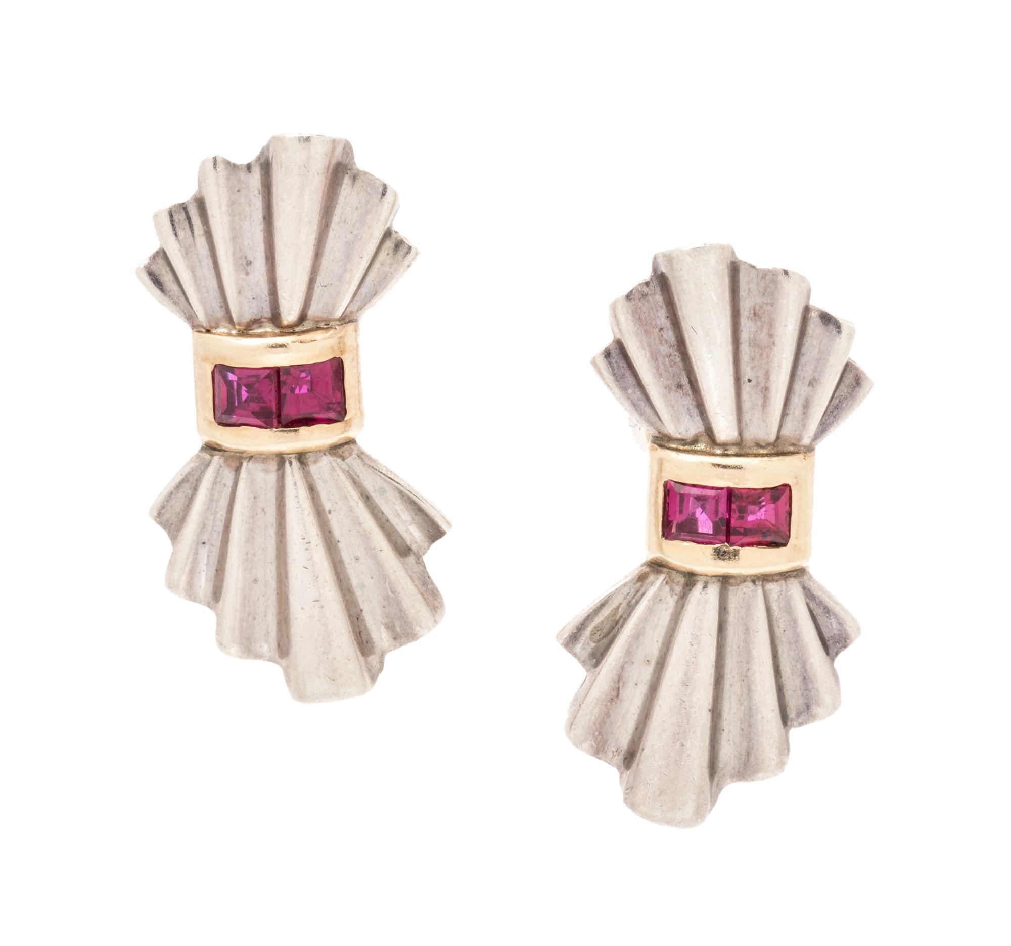 A Pair of Sterling Silver, 14 Karat Yellow Gold and Ruby Earclips, Tiffany & Co.,