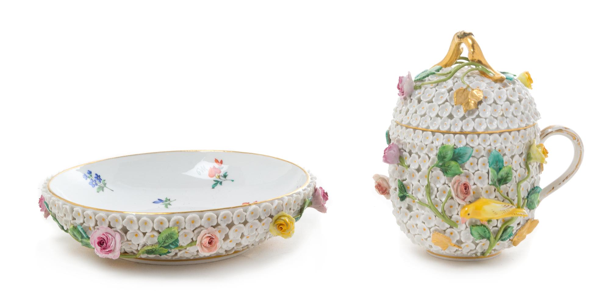 A Meissen Porcelain Schneeballen Covered Cup and Saucer Height of cup 4 1/2 inches. — 19TH/20TH CENTURY
