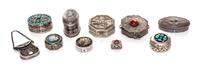 Ten Silver or Silvered Metal Dimunitive Boxes, 20th Century, including examples inset with stones, an example with a millefiori glass i