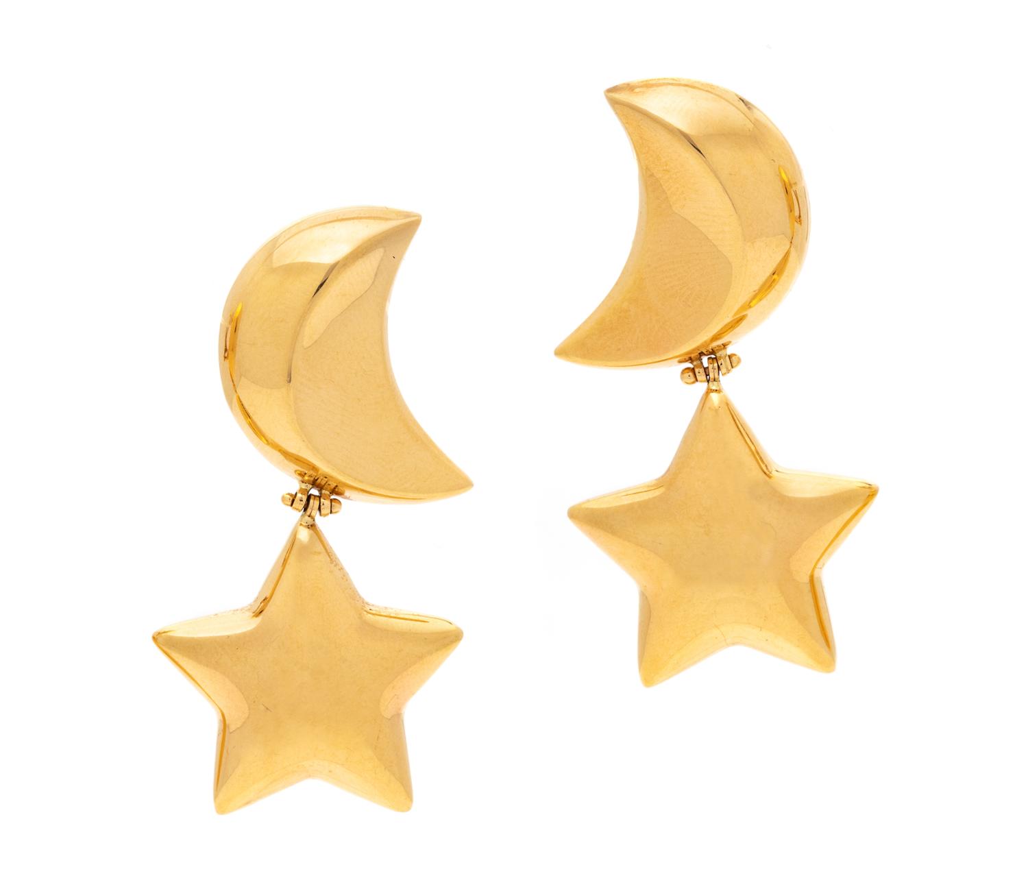A Pair of 14 Karat Yellow Gold Celestial Earclips, Italian,