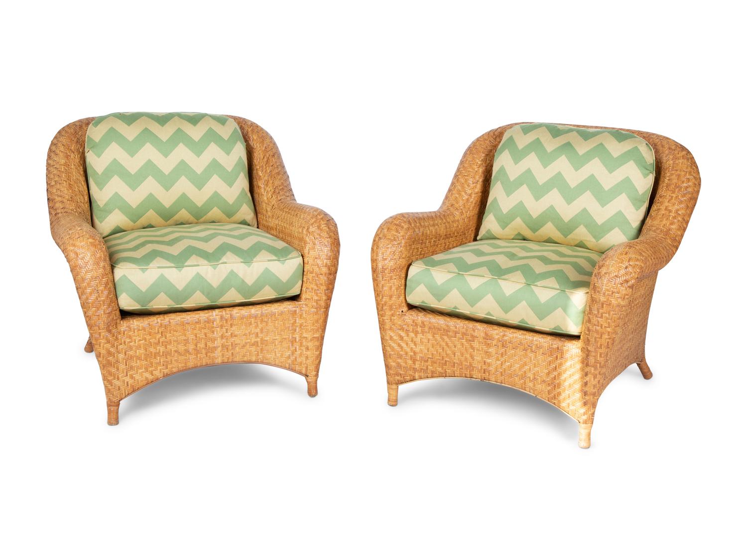 A Pair of Rattan Armchairs with Green Seat and Back Cushions — 20TH/21ST CENTURY