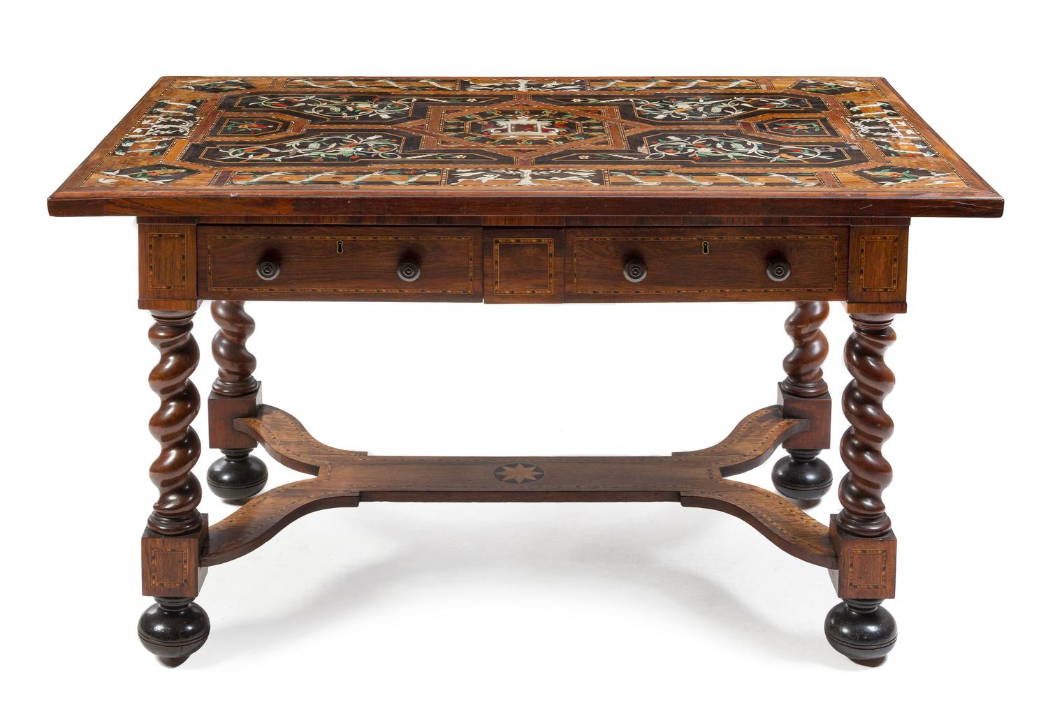 A Louis XIII Style Marquetry and Walnut Table Height 29 1/2 x width 51 1/2 x depth 31 1/2 inches. — 19TH CENTURY