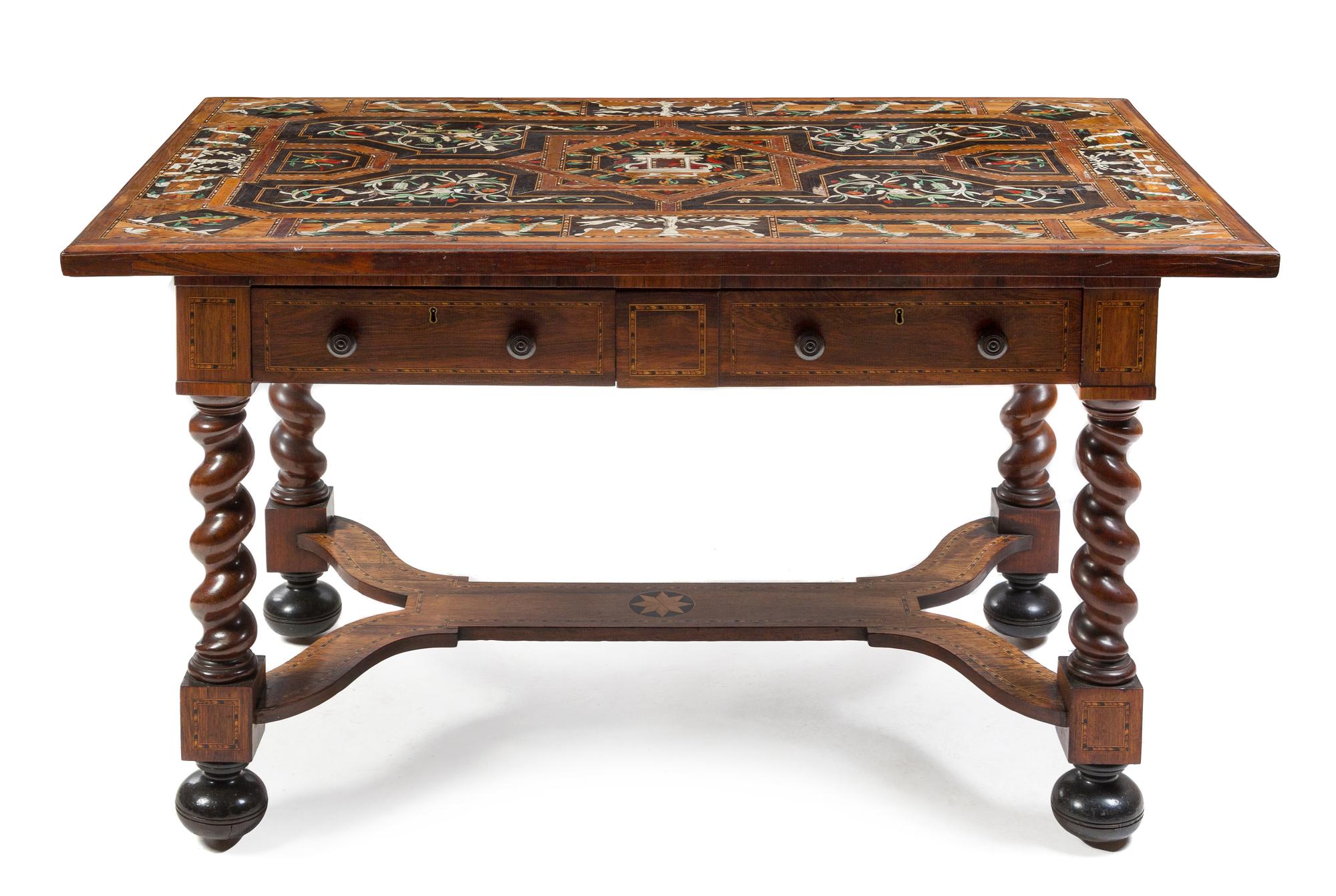 A Louis XIII Style Marquetry and Walnut Table Height 29 1/2 x width 51 1/2 x depth 31 1/2 inches. — 19TH CENTURY