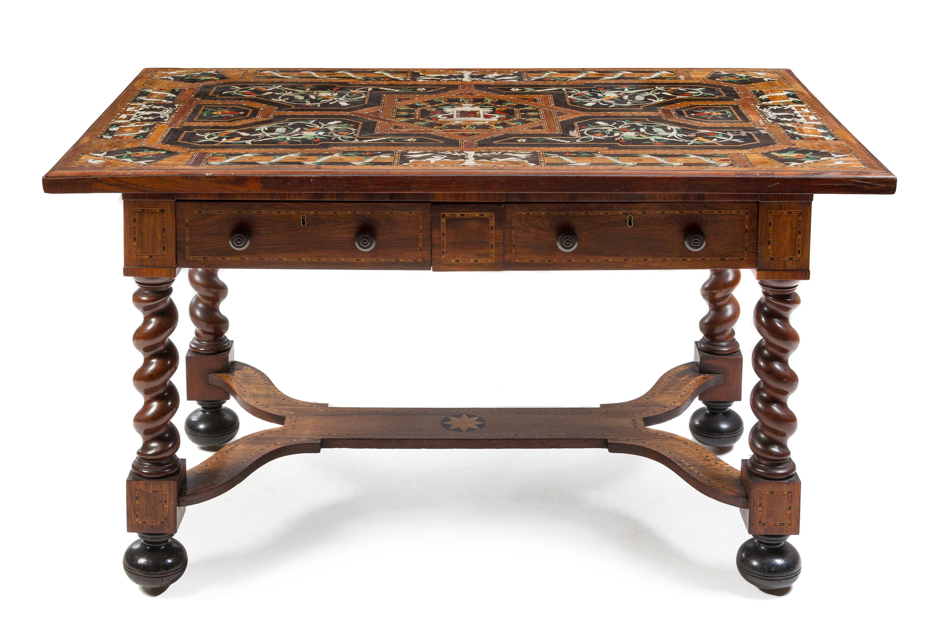 A Louis XIII Style Marquetry and Walnut Table Height 29 1/2 x width 51 1/2 x depth 31 1/2 inches. — 19TH CENTURY
