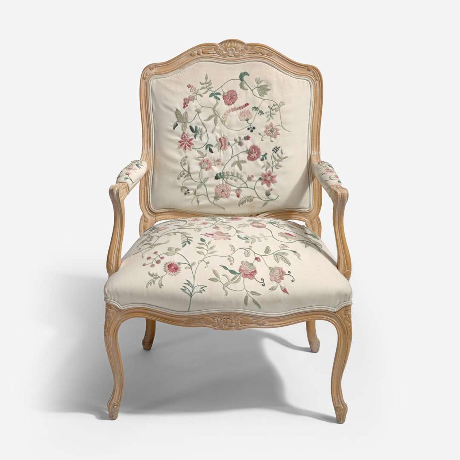 With Embroidered Upholstery by Erica Wilson (American, 1928-2011) Louis XV Style Fauteuil, USA, 20th century