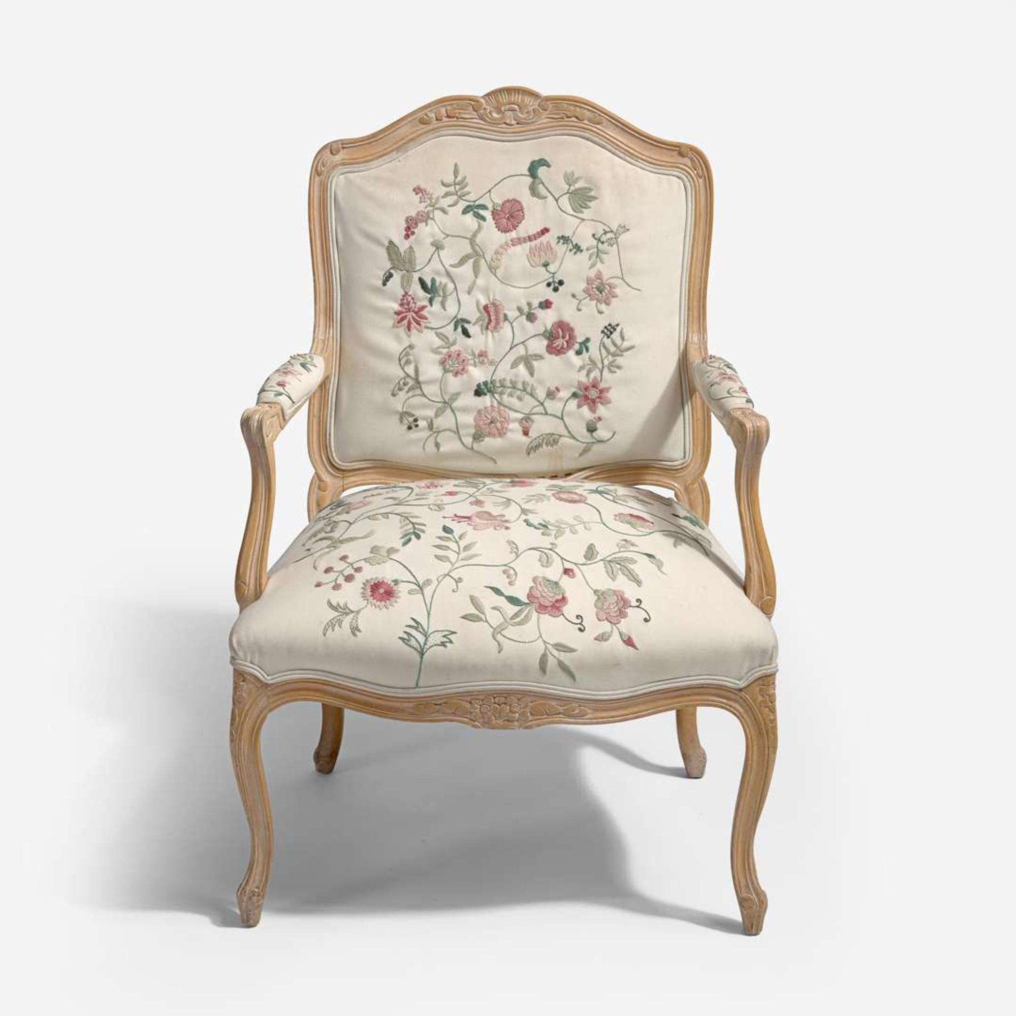 With Embroidered Upholstery by Erica Wilson (American, 1928-2011) Louis XV Style Fauteuil, USA, 20th century