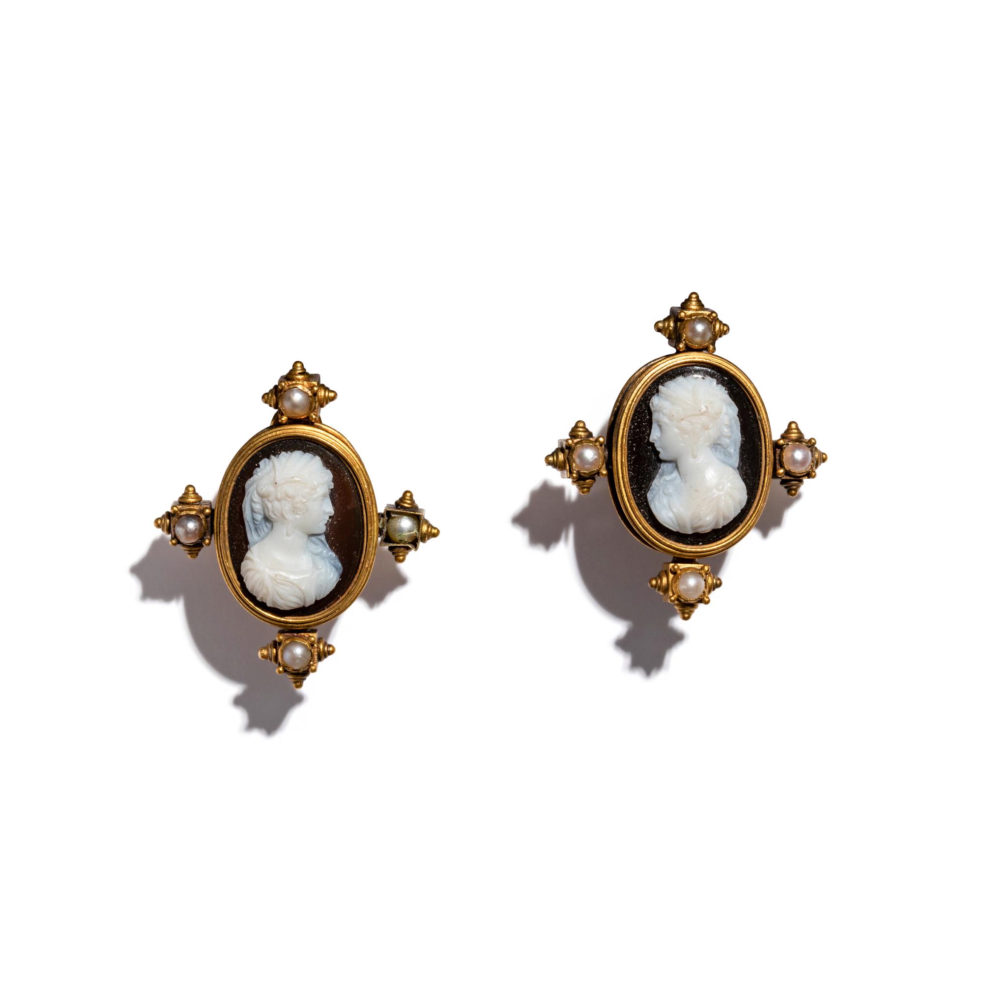 A Pair of Neoclassical Gold, Pearl, and Onyx Cameo Earrings with Two Female Portrait Heads