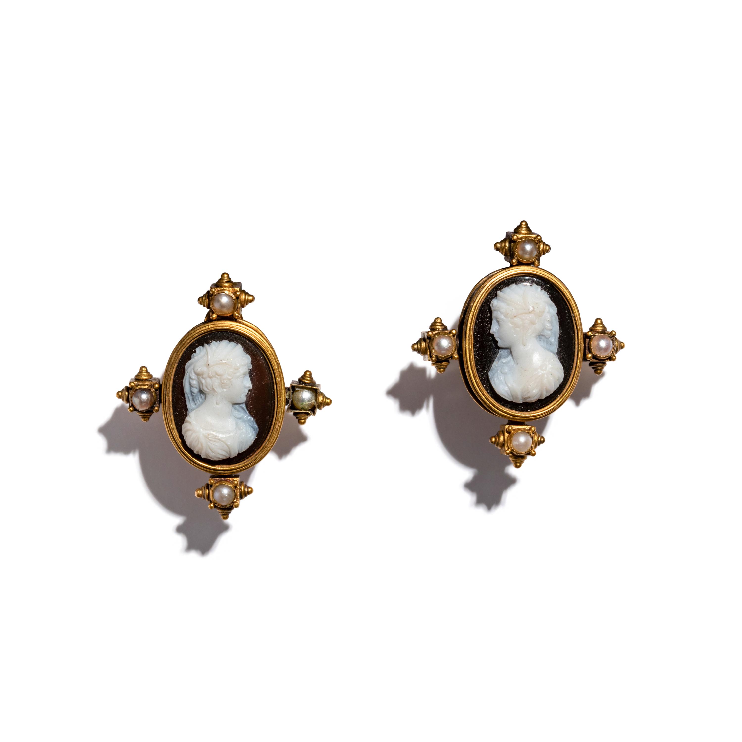 A Pair of Neoclassical Gold, Pearl, and Onyx Cameo Earrings with Two Female Portrait Heads