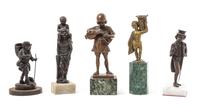 A Group of Five Bronze Figures Height of first 9 1/2 inches.