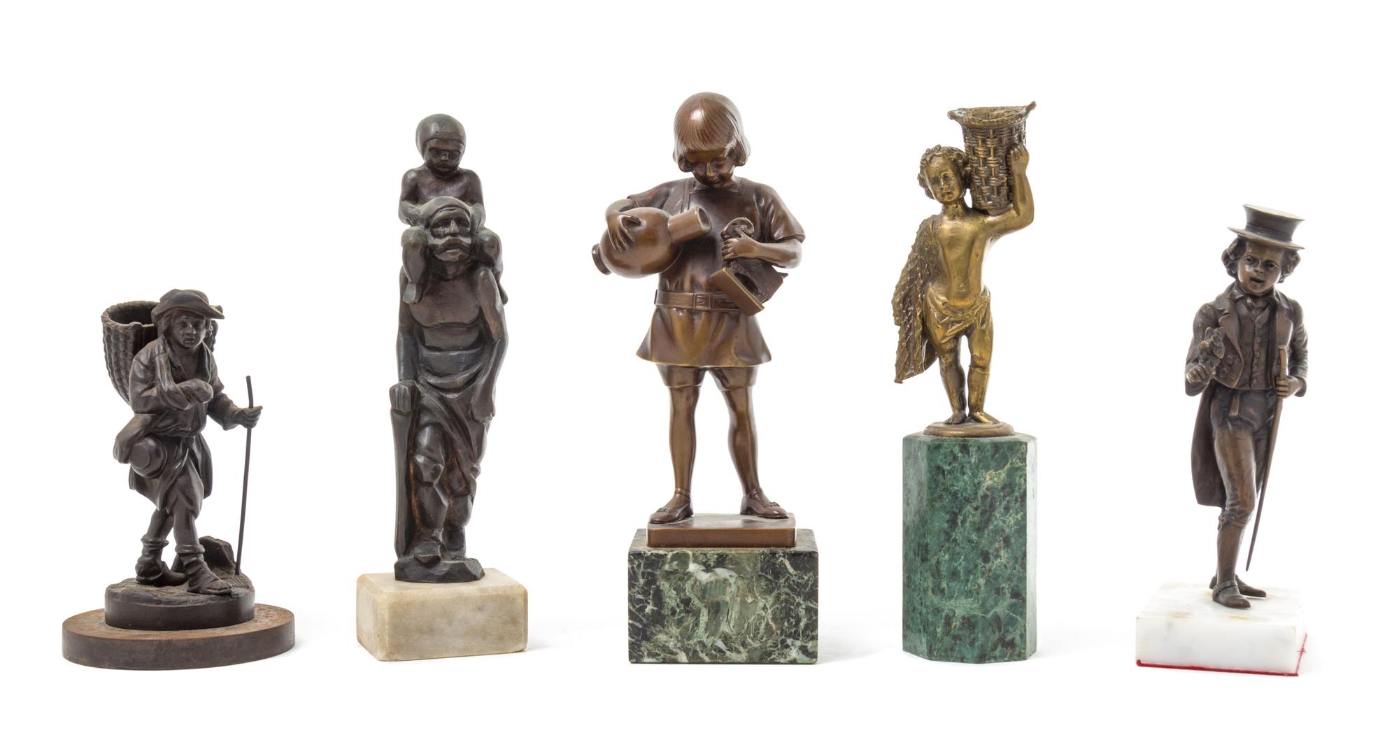 A Group of Five Bronze Figures Height of first 9 1/2 inches.