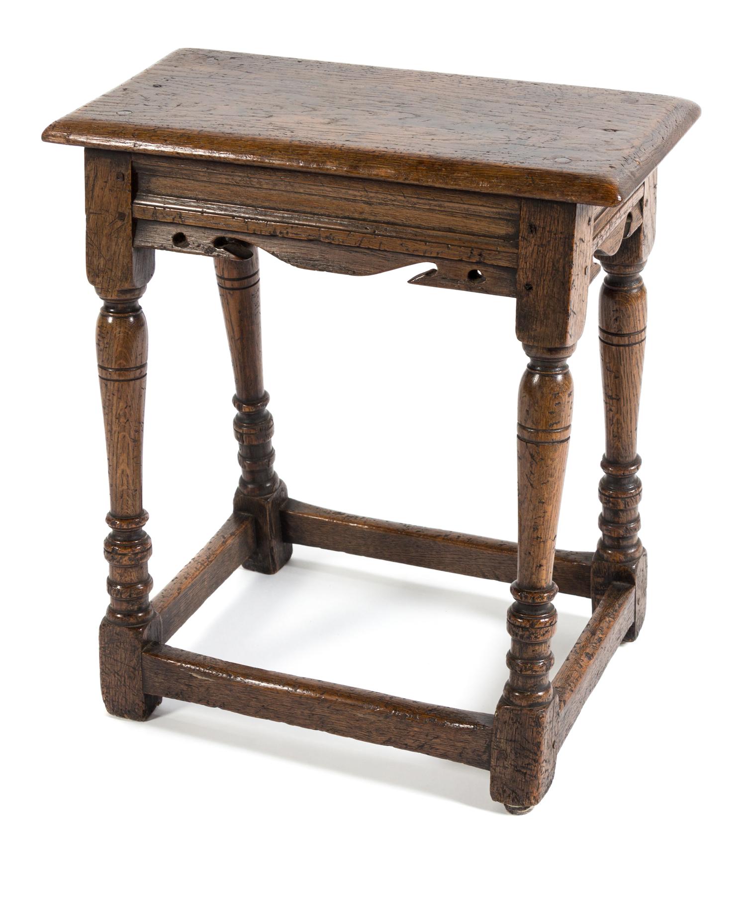 A Jacobean Style Oak Stool Height 22 3/4 x width 19 3/4 x depth 9 7/8 inches. — 20TH CENTURY