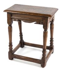 A Jacobean Style Oak Stool Height 22 3/4 x width 19 3/4 x depth 9 7/8 inches. — 20TH CENTURY