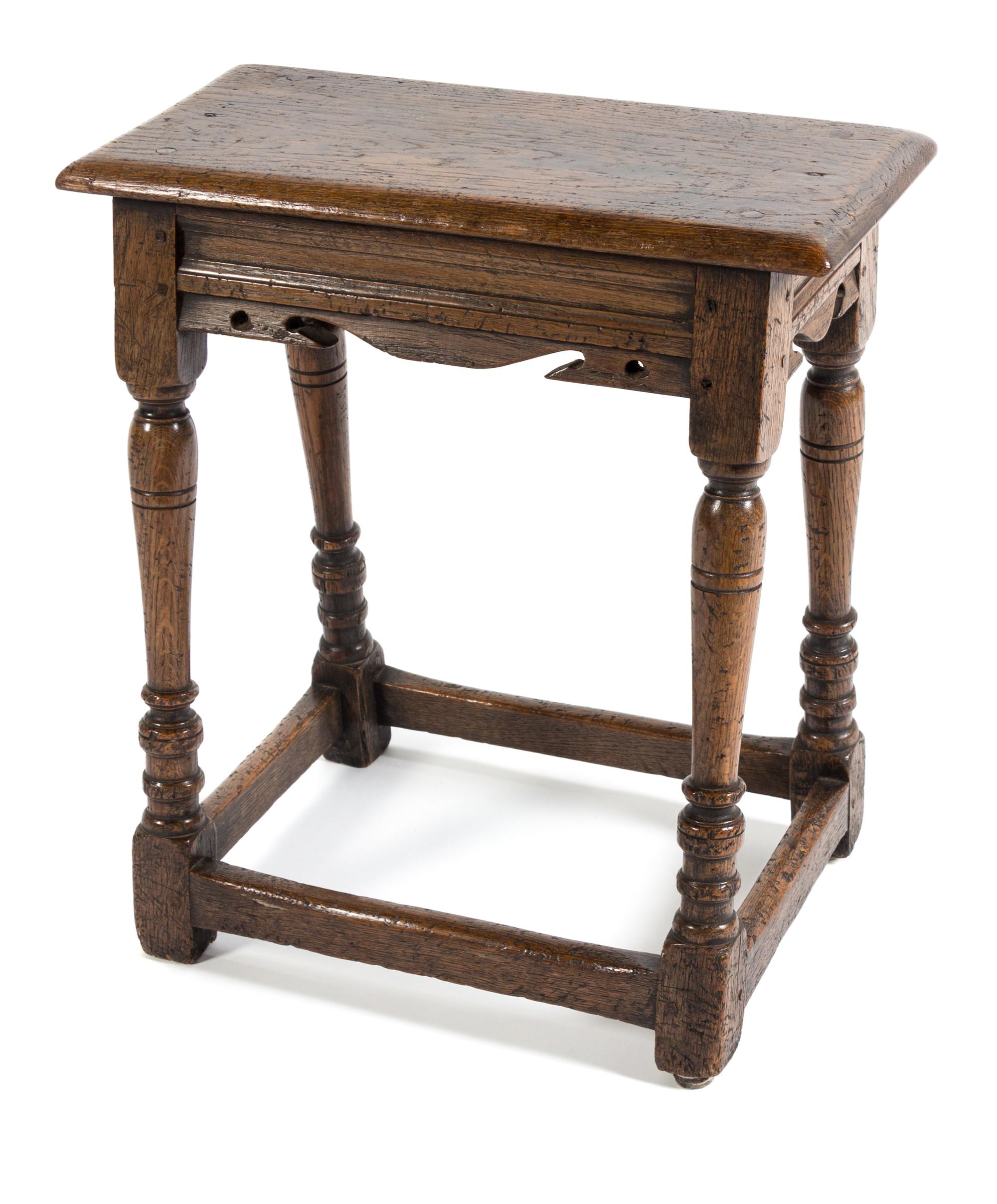 A Jacobean Style Oak Stool Height 22 3/4 x width 19 3/4 x depth 9 7/8 inches. — 20TH CENTURY
