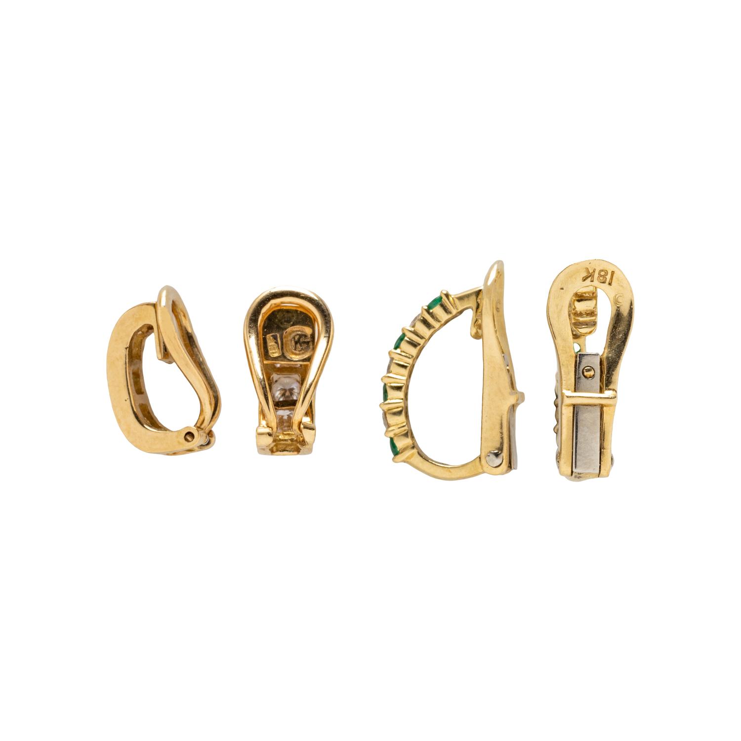 COLLECTION OF YELLOW GOLD DIAMOND, CULTURED PEARL, AND EMERALD CONVERTIBLE CLIP EARRINGS