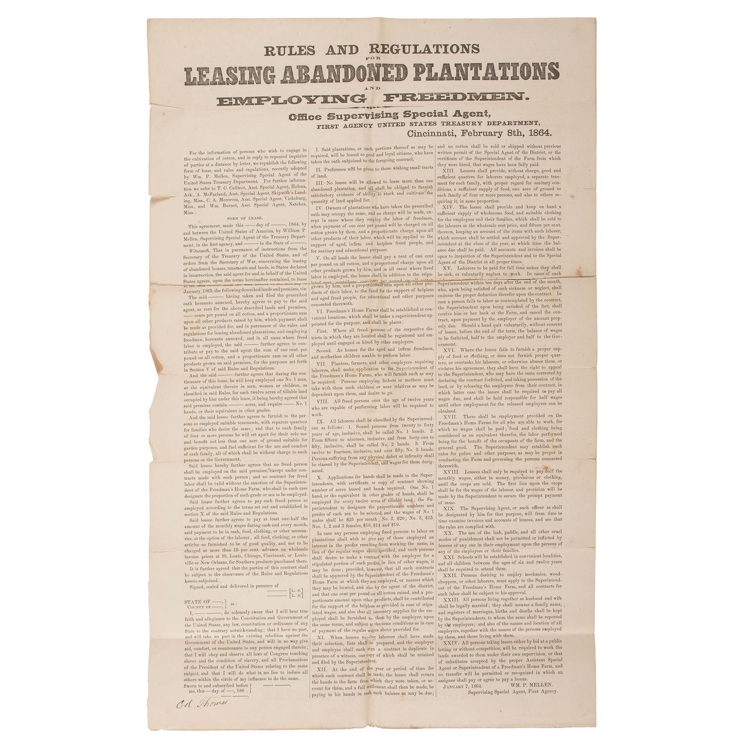 Leasing Abandoned Plantations , Civil War Broadside, 1864