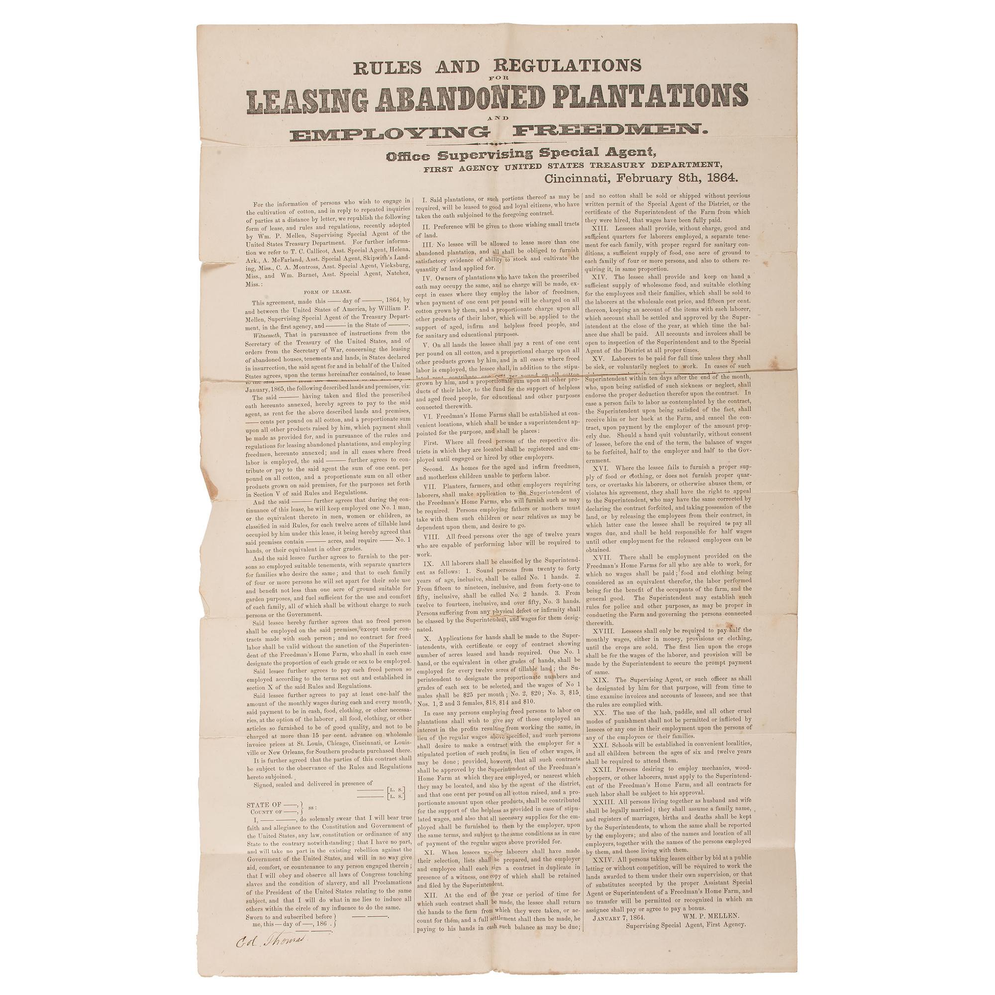 Leasing Abandoned Plantations , Civil War Broadside, 1864