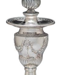 A Pair of Neoclassical Silver-Plate Four-Light Convertible Candelabra