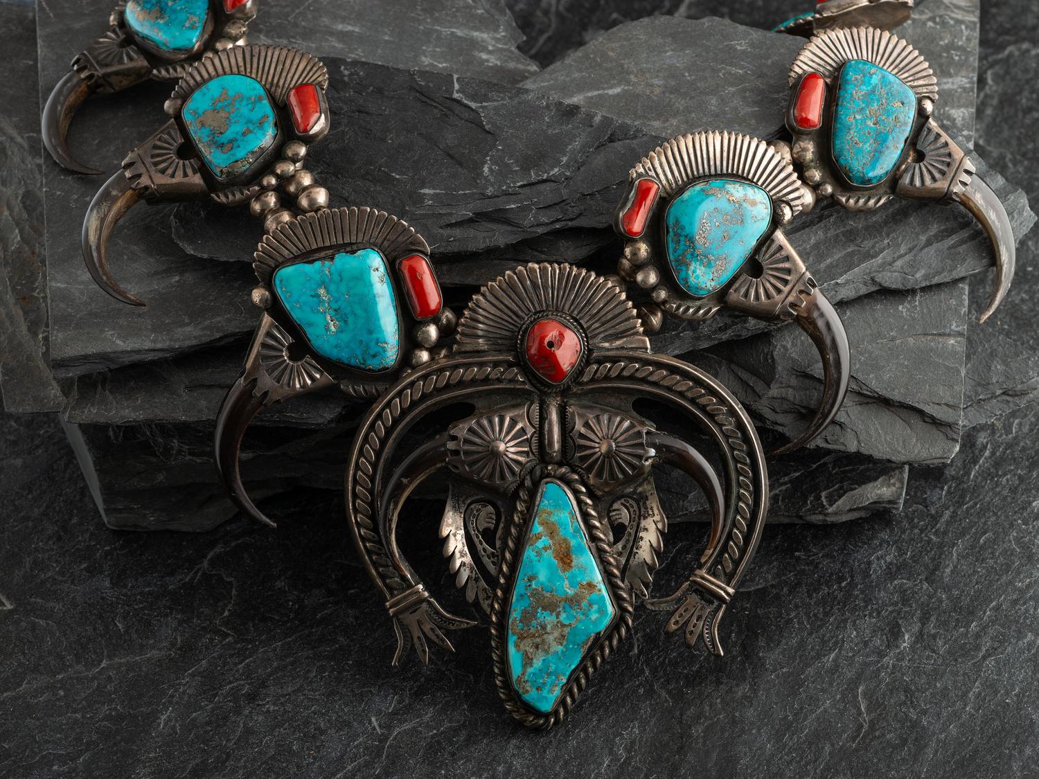 Large Statement Morenci Turquoise, Coral, Squash Blossom Necklace