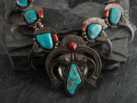 Large Statement Morenci Turquoise, Coral, Squash Blossom Necklace
