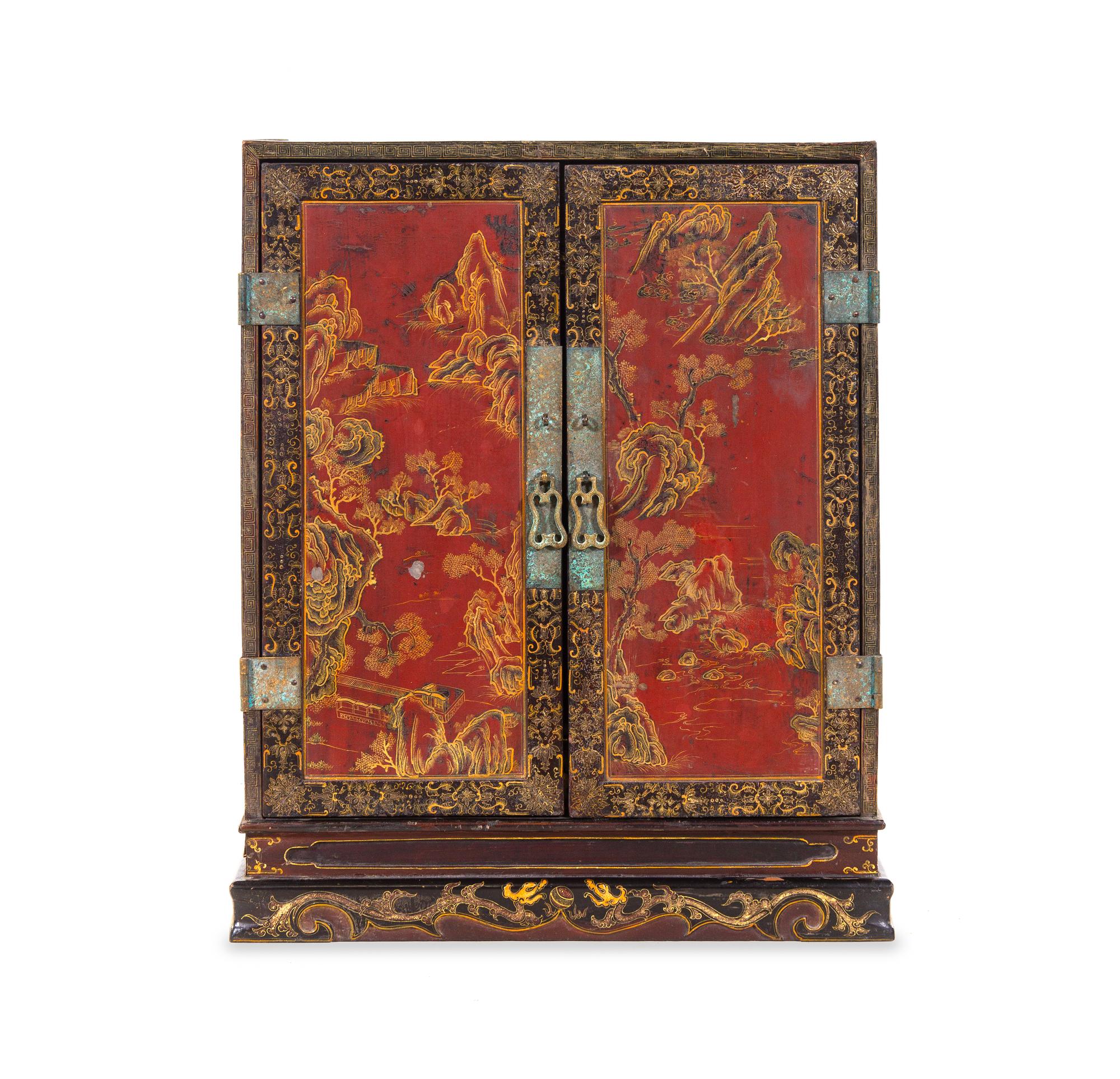 A Polychrome and Gilt Lacquered ‘Landscape’ Kang Cabinet